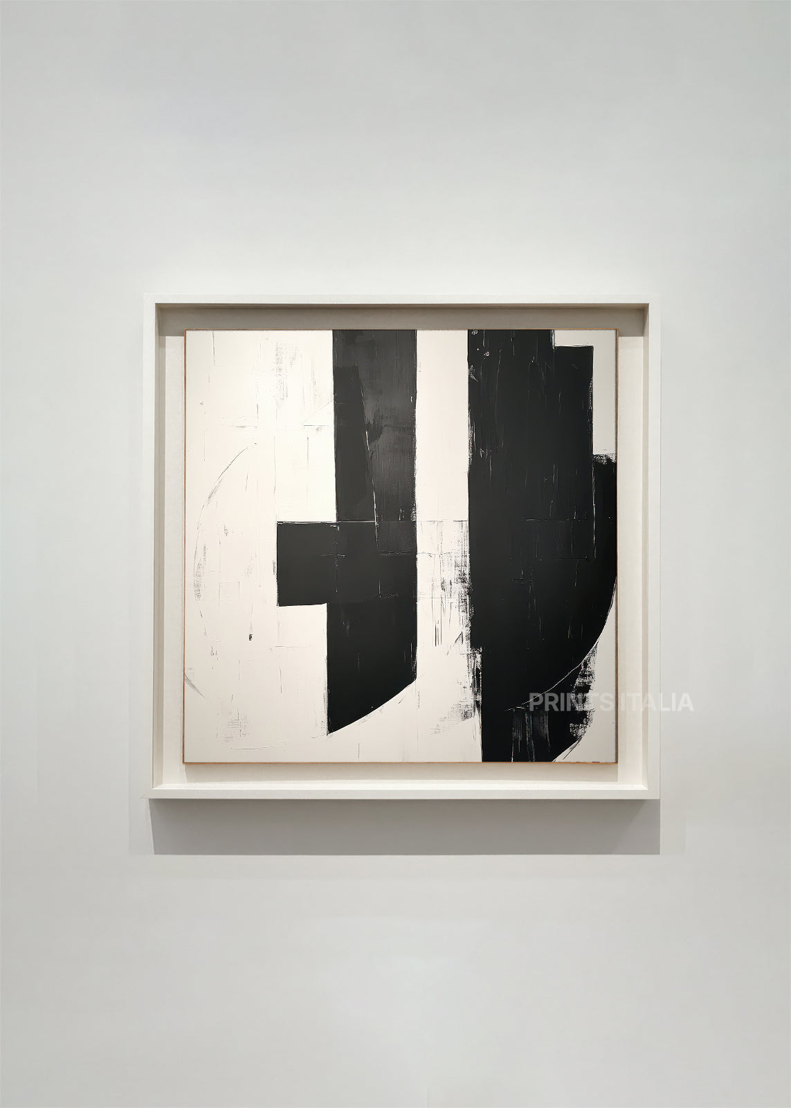 Framed ALUMA print showcasing bold black geometric forms and vertical elements on white background