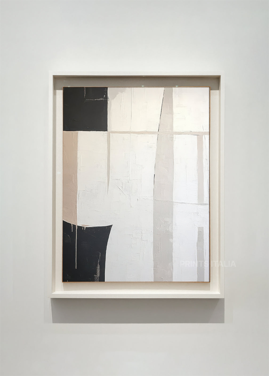 OLYRE – framed minimalist abstract art print with taupe and cream fields, sweeping graphite arc, and fine vertical textures, displayed in a modern gallery