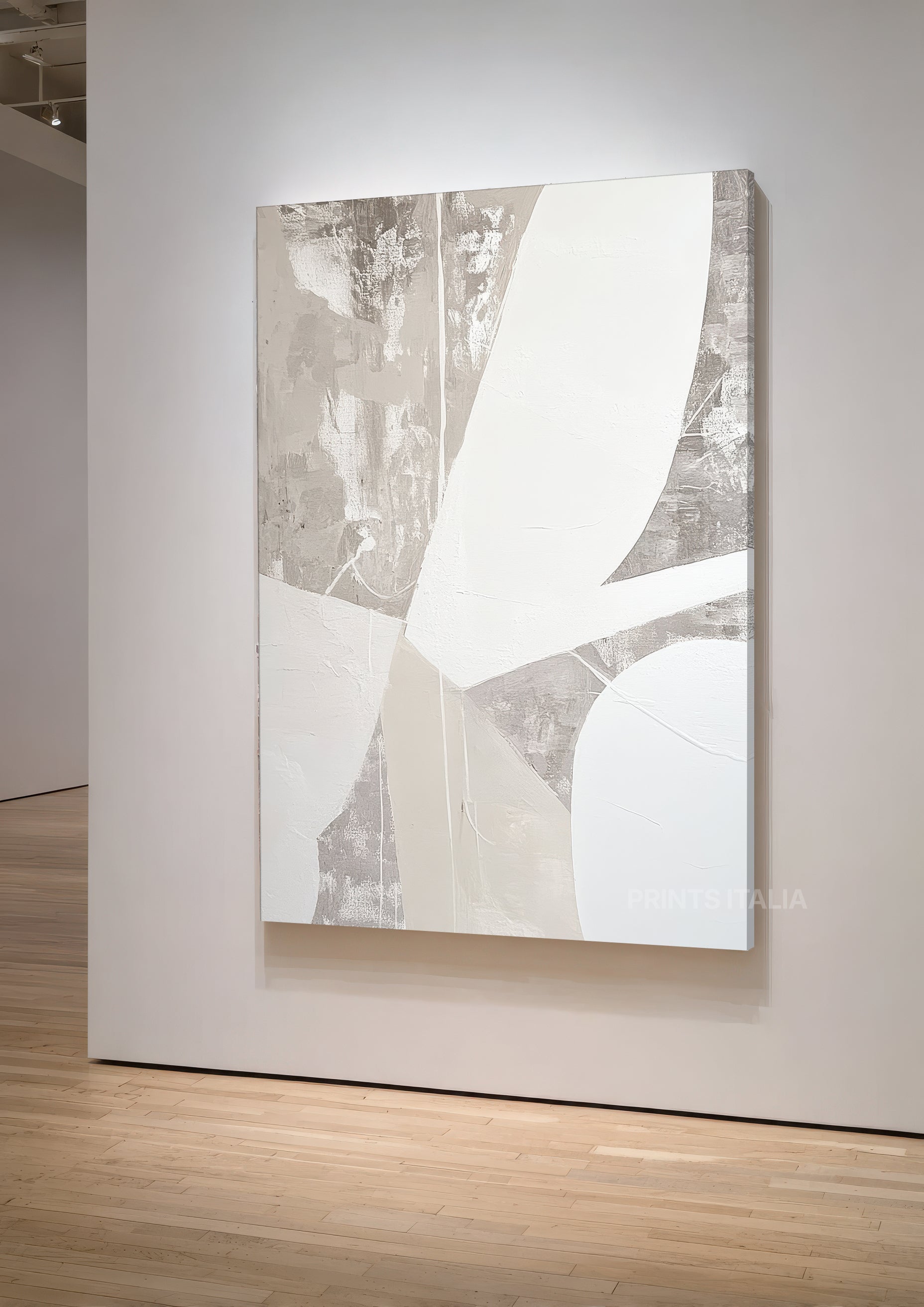 Close-up detail of Leela geometric artwork showing layered textures and intersecting angular forms in neutral color palette