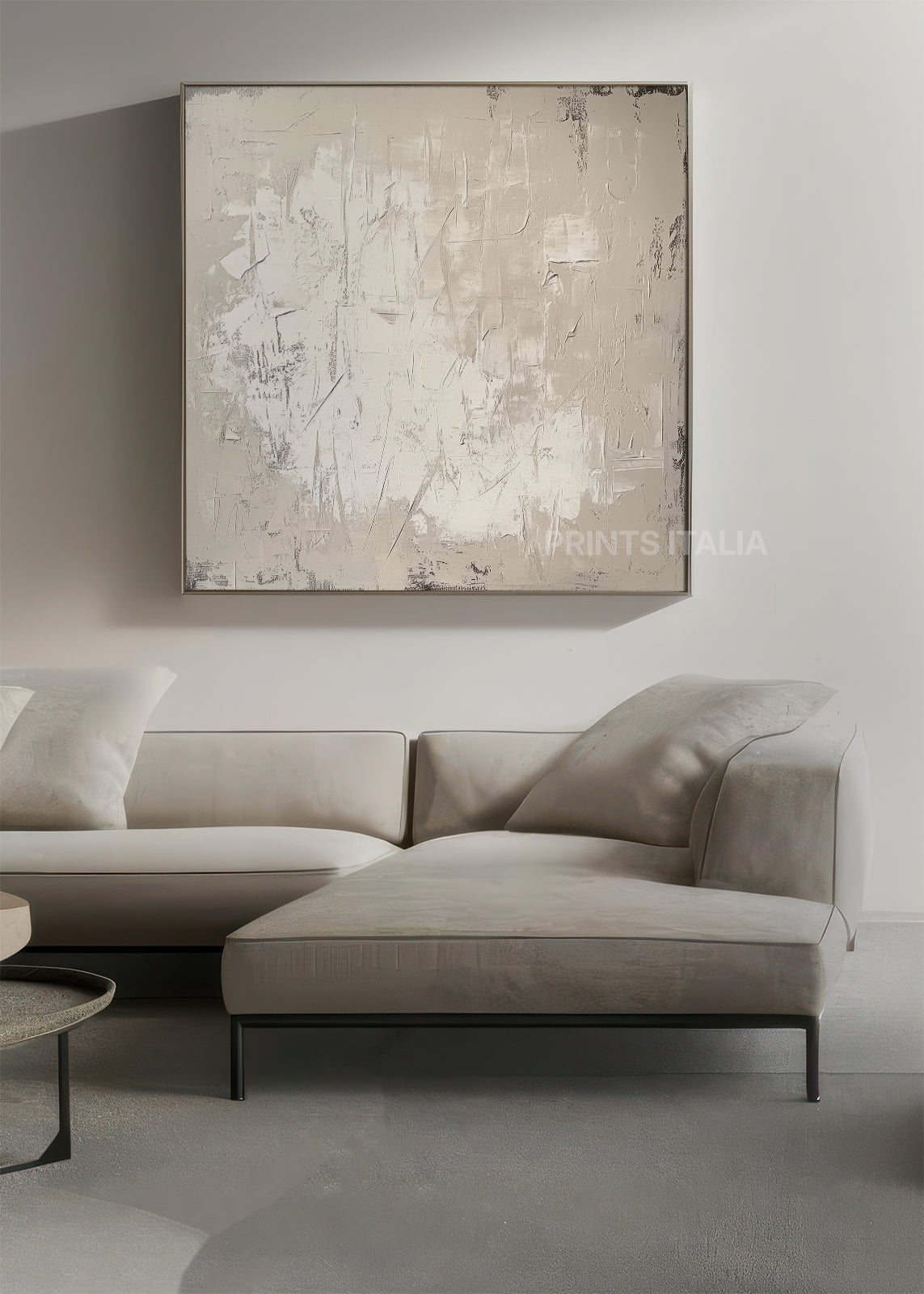 Framed Kira beige minimalist abstract print displayed in a modern neutral interior – calm and architectural styling by Prints Italia