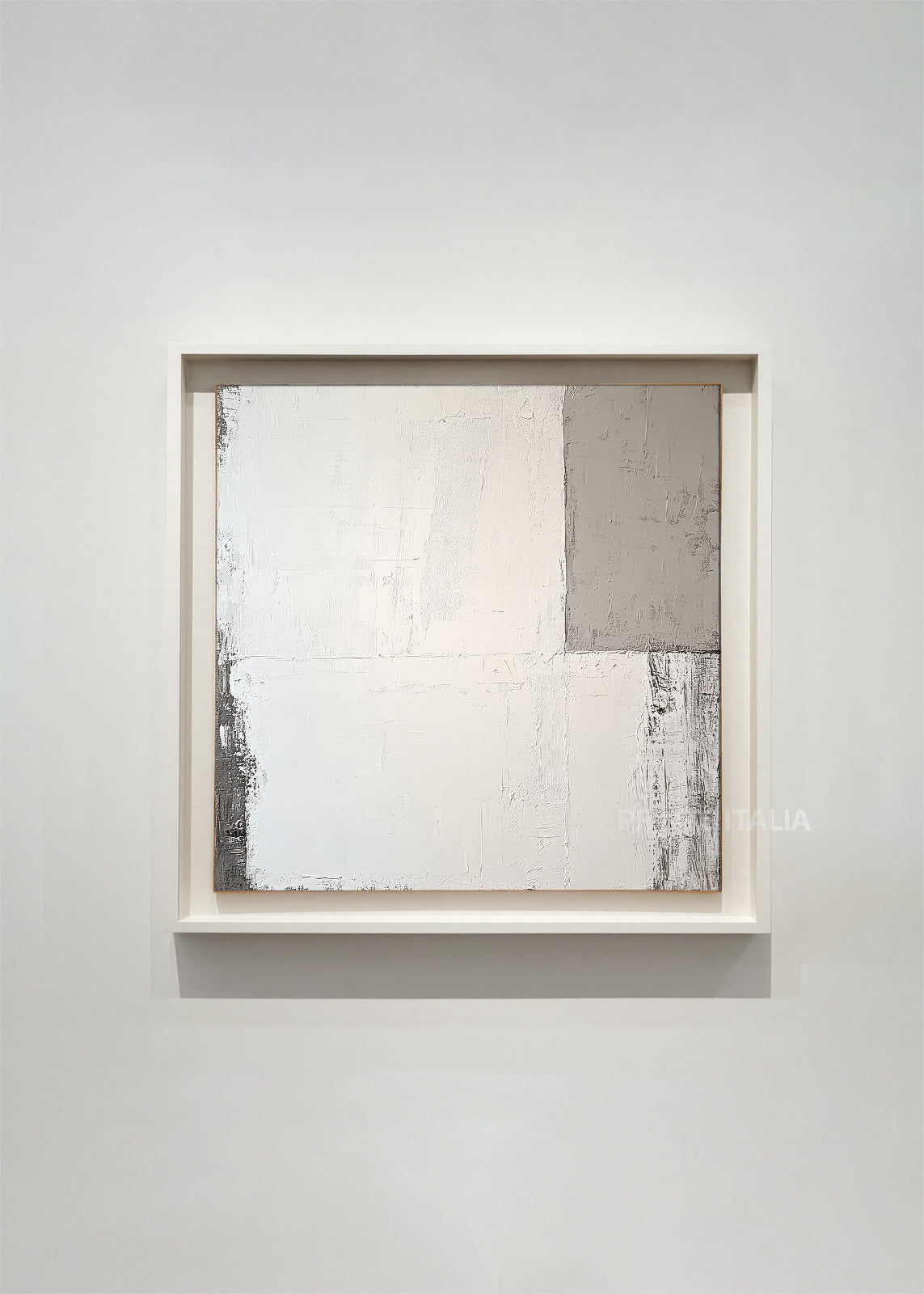 framed abstract art print with harmonious taupe and white blocks, soft tonal shifts, and textured brushwork, displayed in a minimalist gallery 
