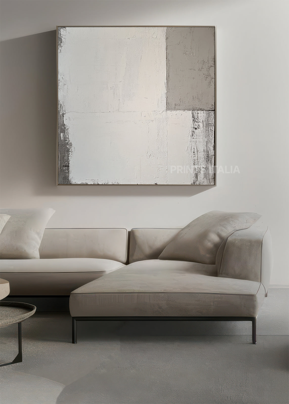 Unframed AERIS art print featuring tranquil taupe and white geometric composition, visible brushstrokes, and serene minimalism, leaning against a pale neutral wall in living room