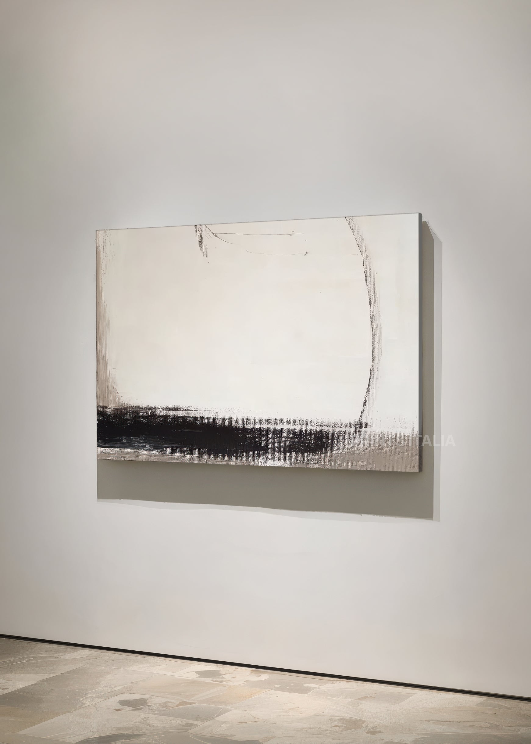 Angled view of AIVEN abstract print – understated modern composition with bold charcoal and cream contrast