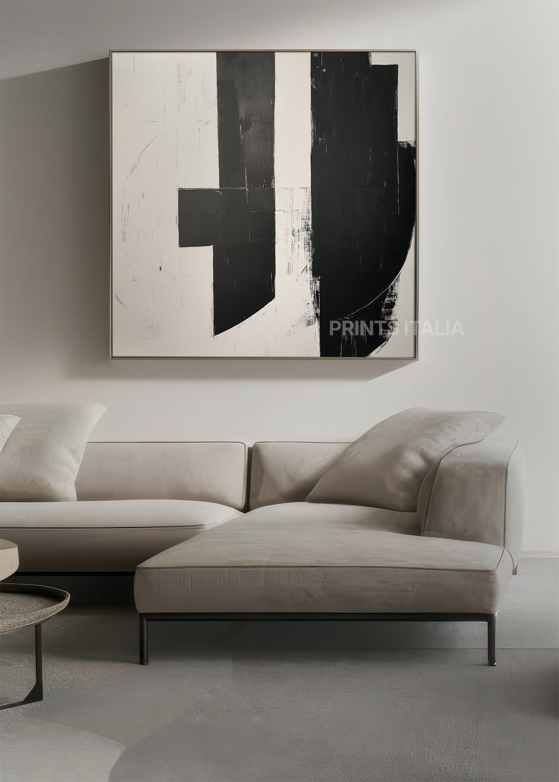 ALUMA artwork displaying dramatic black geometric composition with vertical elements on clean white canvas