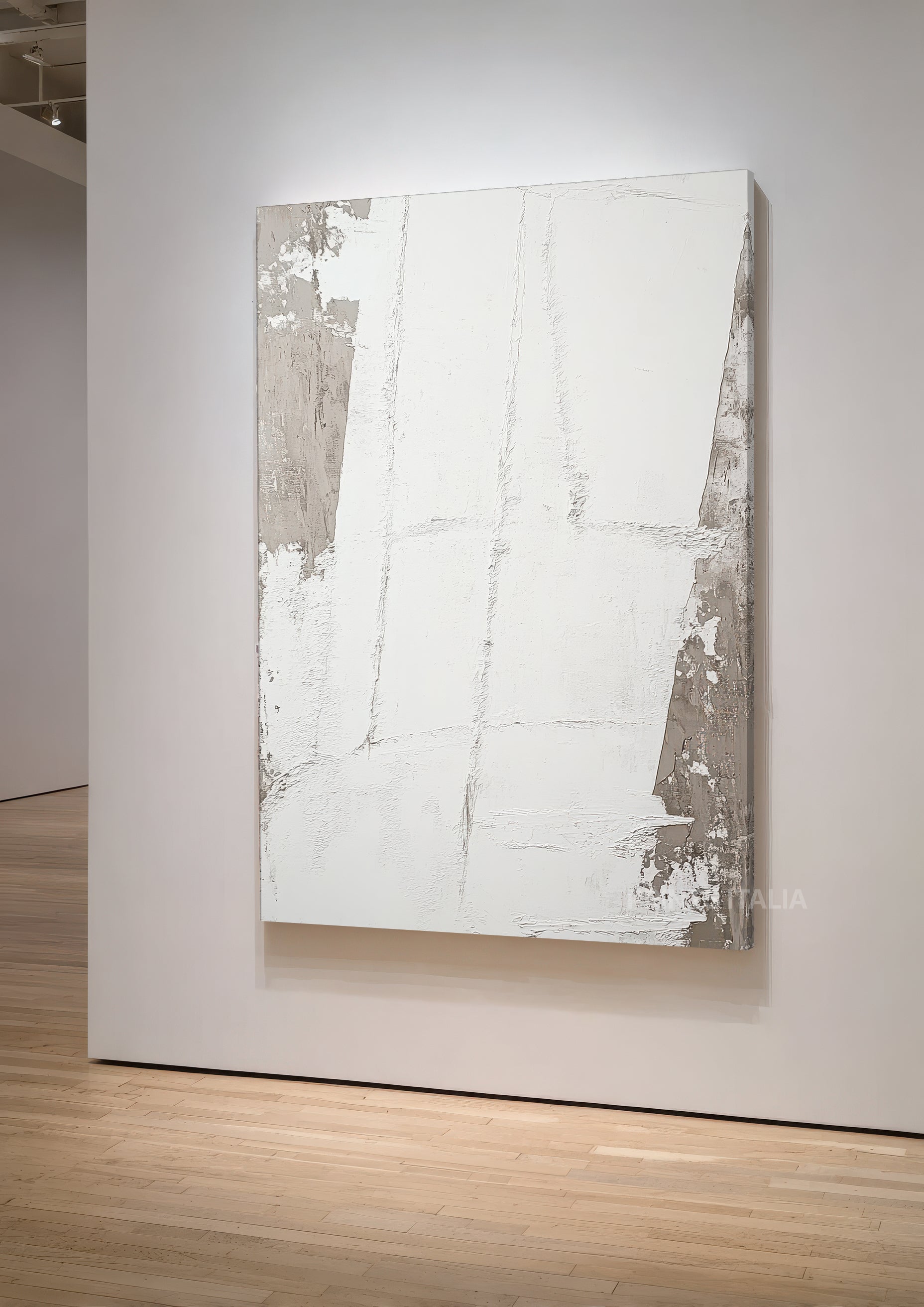 Amara abstract print featuring distressed surfaces and peeling paint textures in creamy white and warm gray tones
