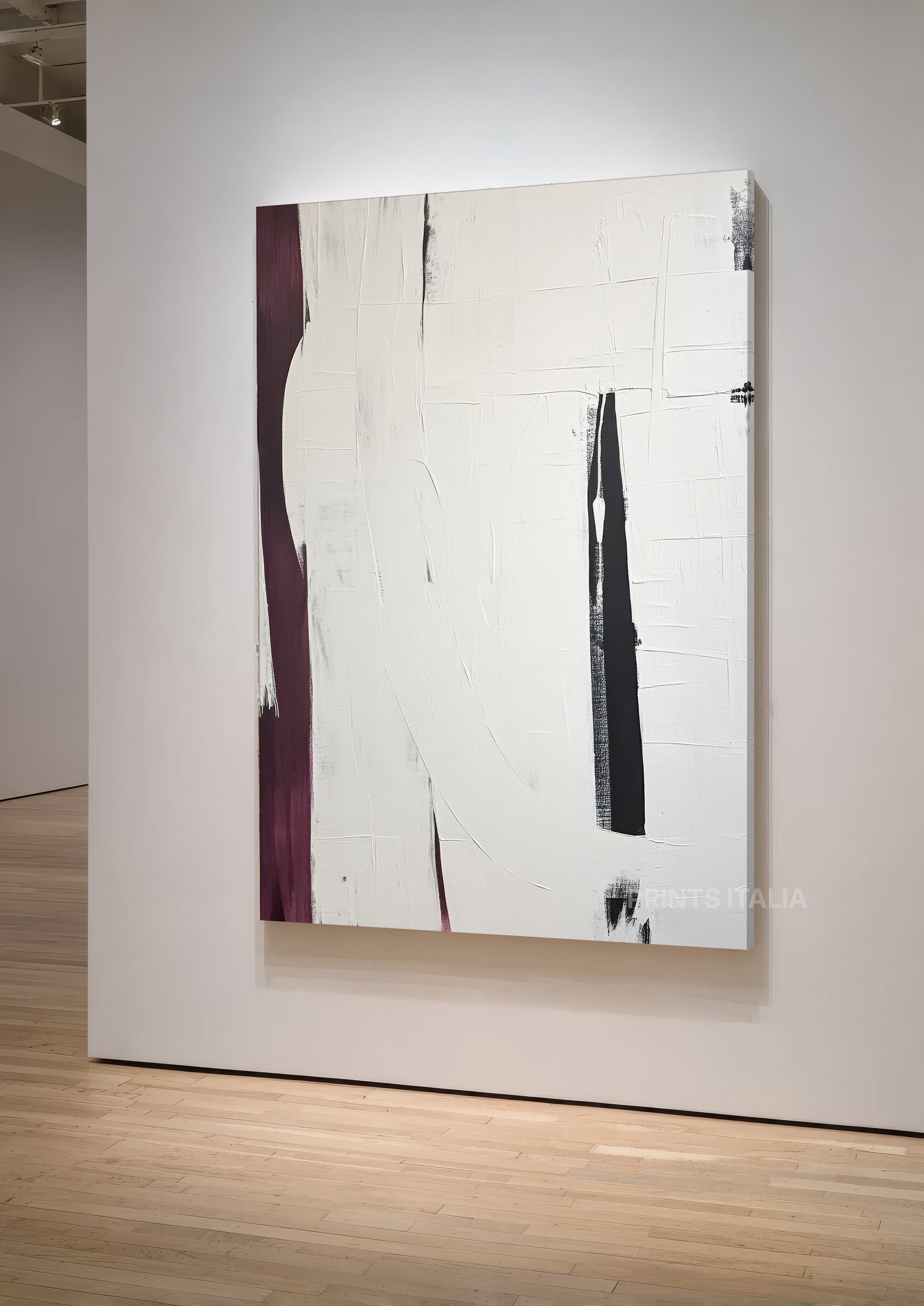 Angled view of ANAVA abstract print – minimalist white composition with deep plum and black accents