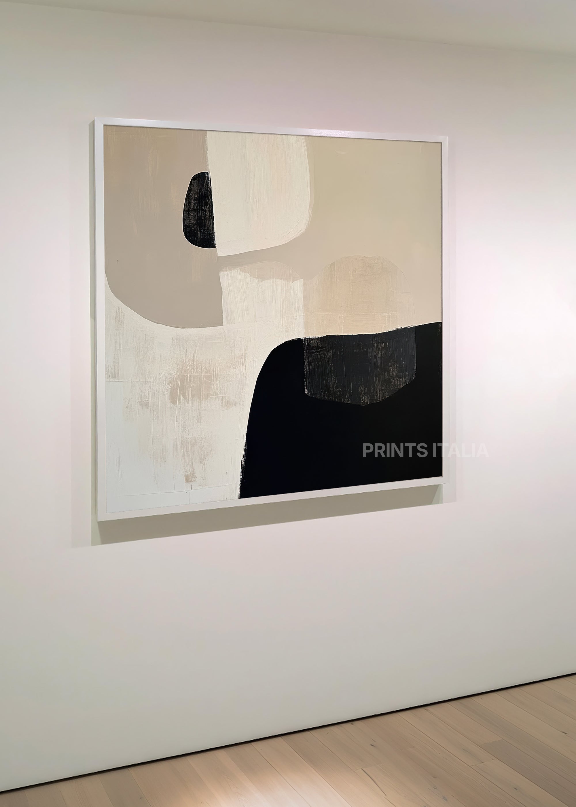 Minimalist abstract art print in soft neutral tones with bold black shapes – Anya by Prints Italia