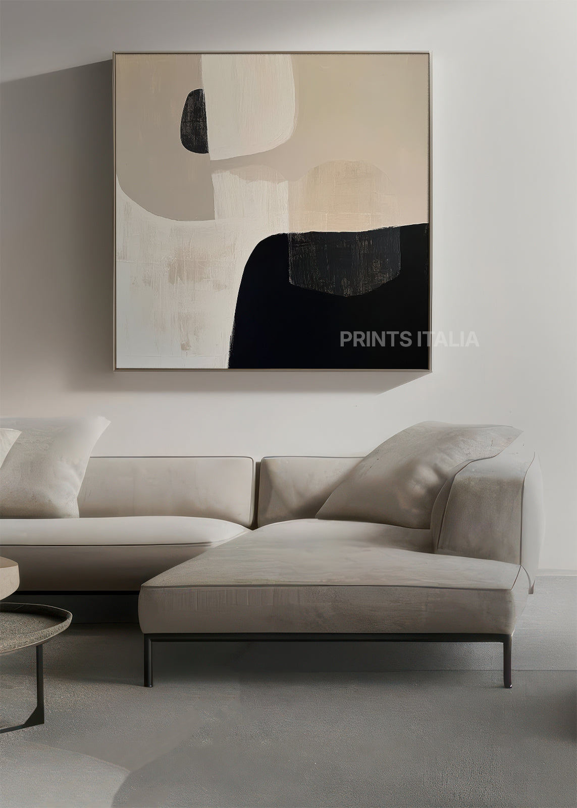 Anya art print displayed in a contemporary neutral interior – bold black and beige abstraction by Prints Italia