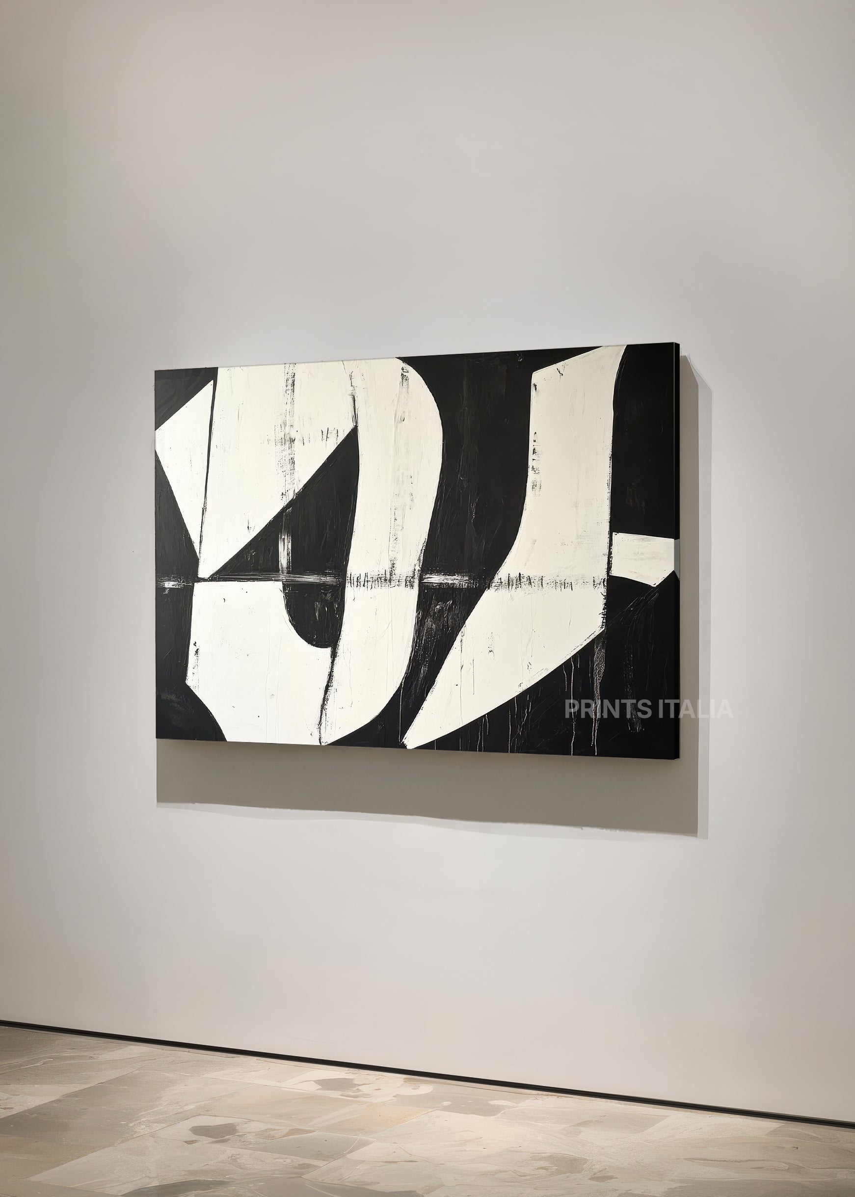 Angled view of AROA abstract print – striking monochrome composition with dynamic geometric forms and powerful contrast