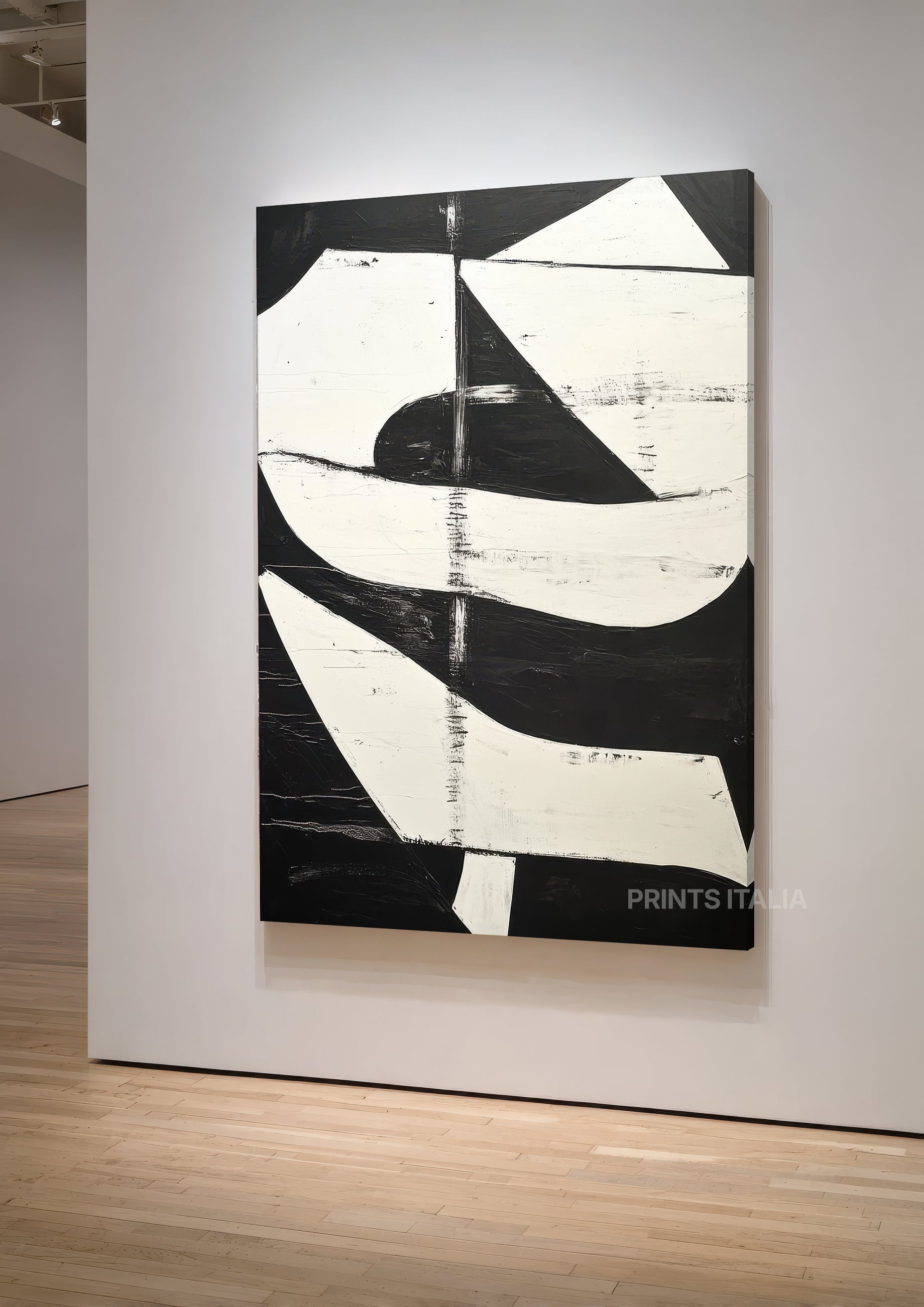 AROA print showing dramatic black and white contrast with curved geometric shapes and line details