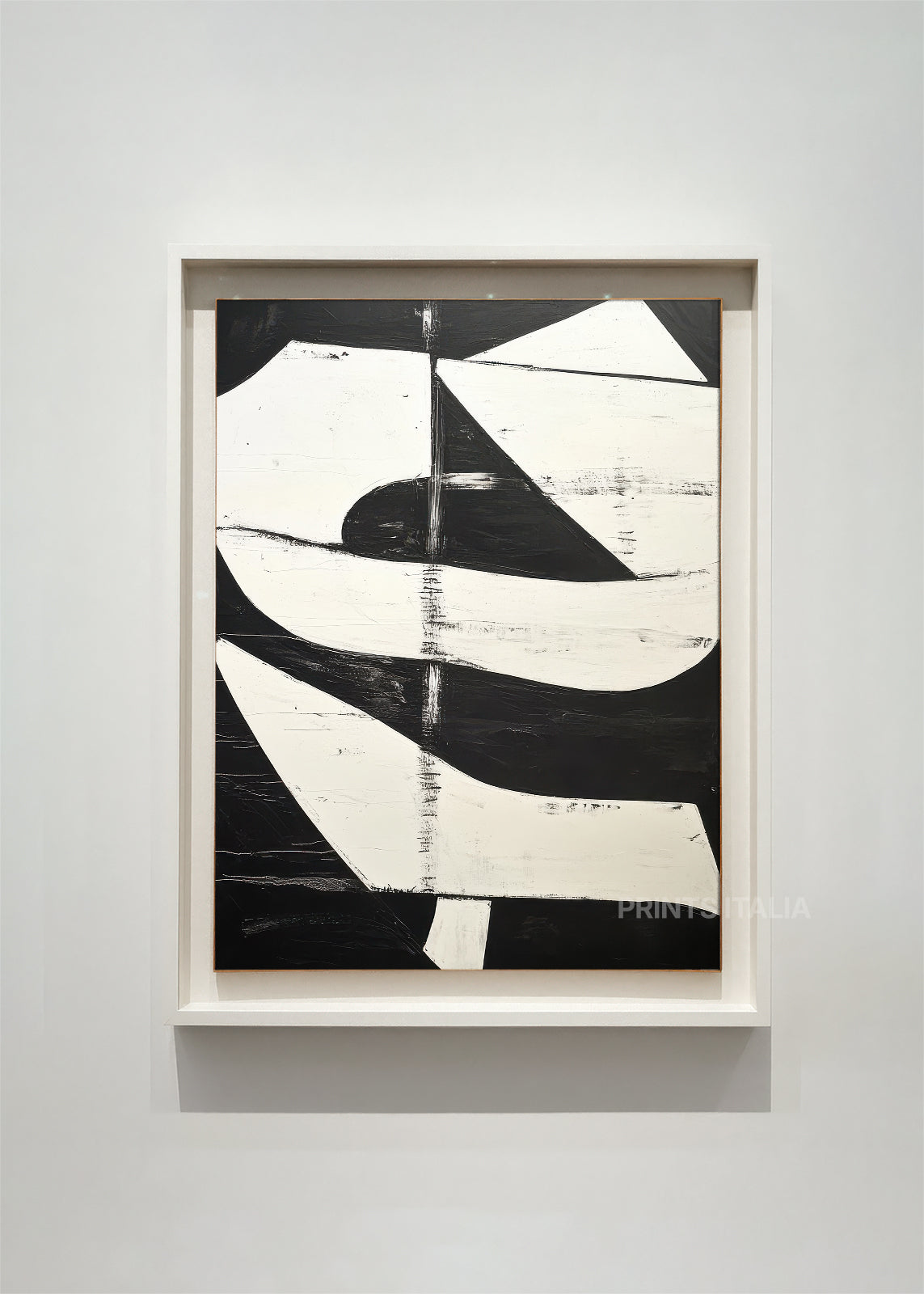 AROA abstract art print framed – bold geometric composition in black and white with flowing curved forms