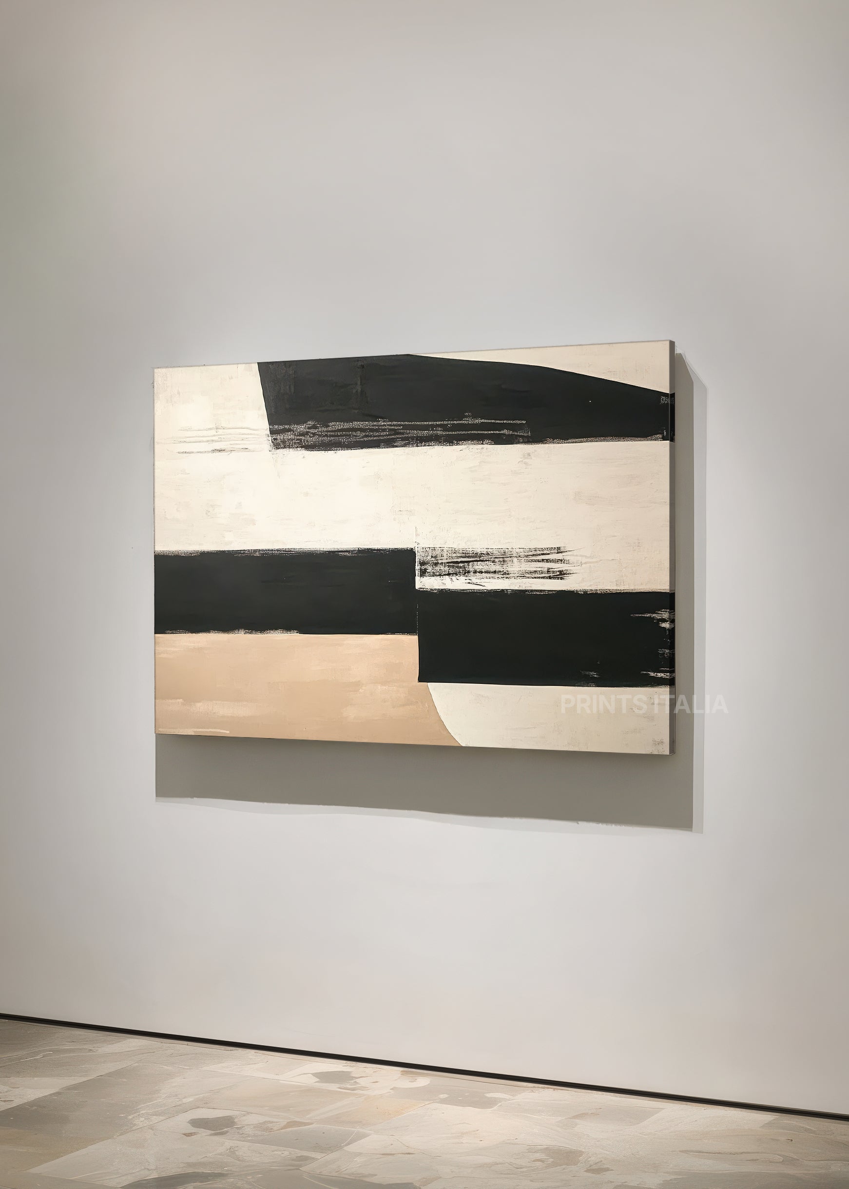 AROVI abstract print styled above a minimalist sofa, emphasizing its calm, balanced composition and soft sand accents