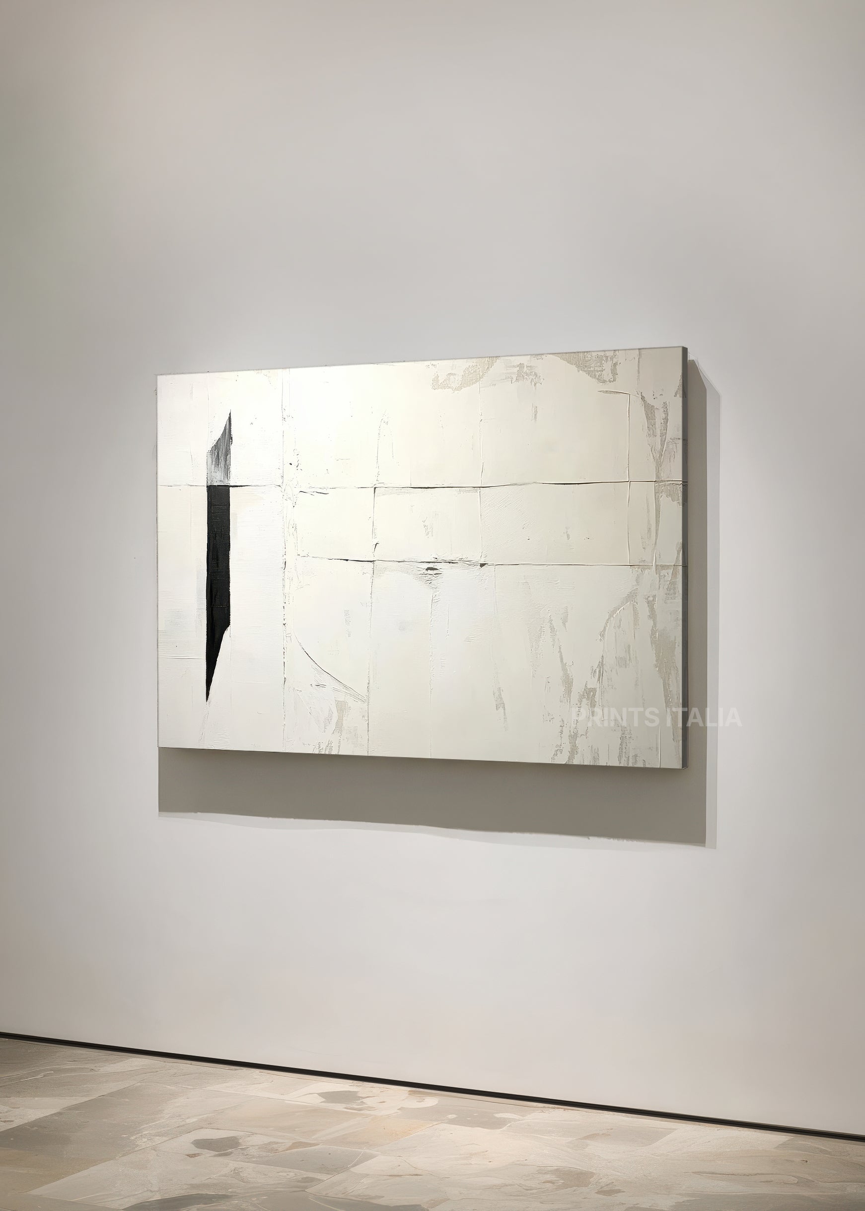 Unframed ARVETH art print featuring minimalist white composition, fine linear marks, and a striking black accent, leaning against a soft neutral wall - digital download