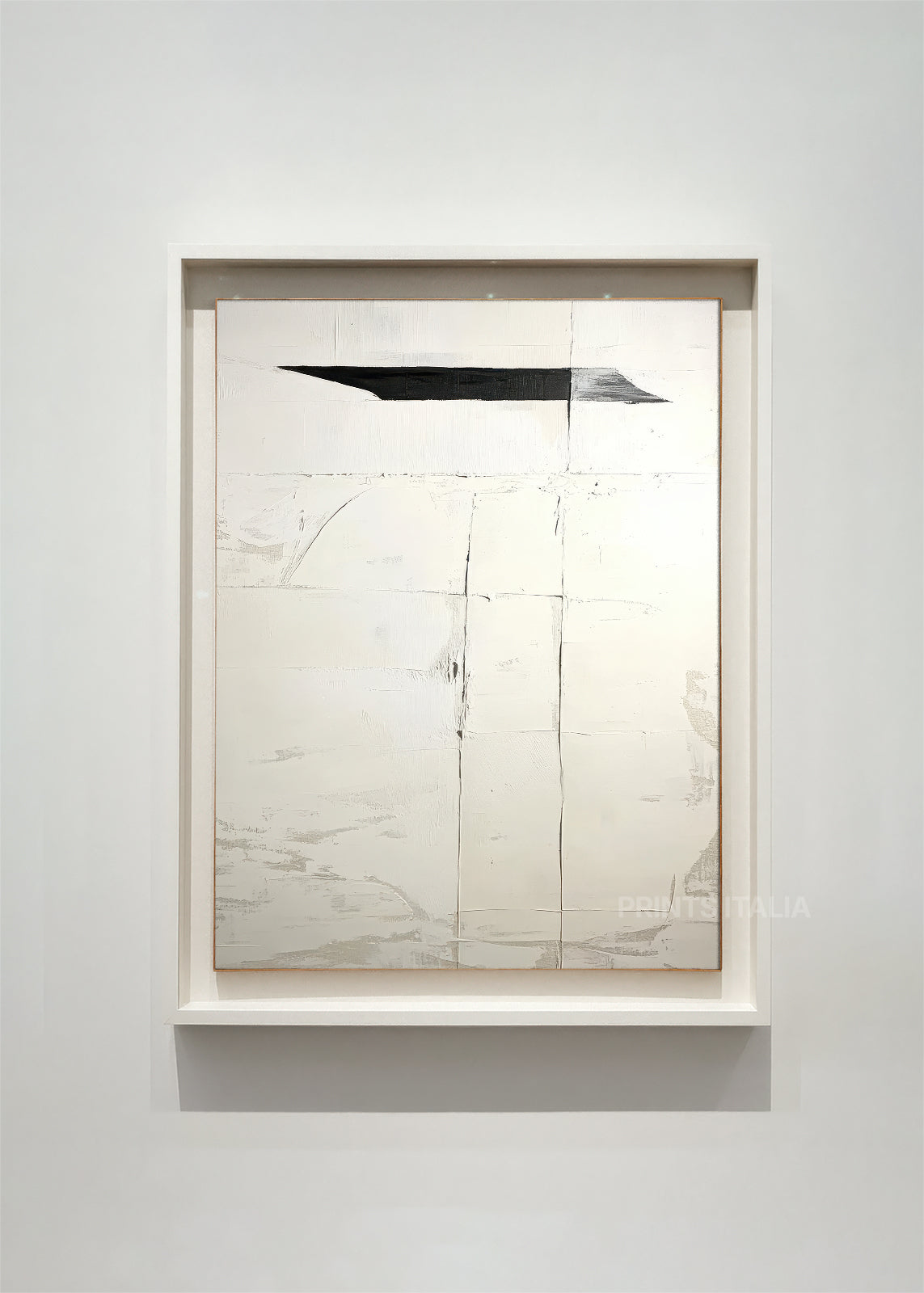 ARVETH – framed minimalist abstract art print with luminous white field, fine graphite lines, and a bold black accent, displayed in a modern gallery