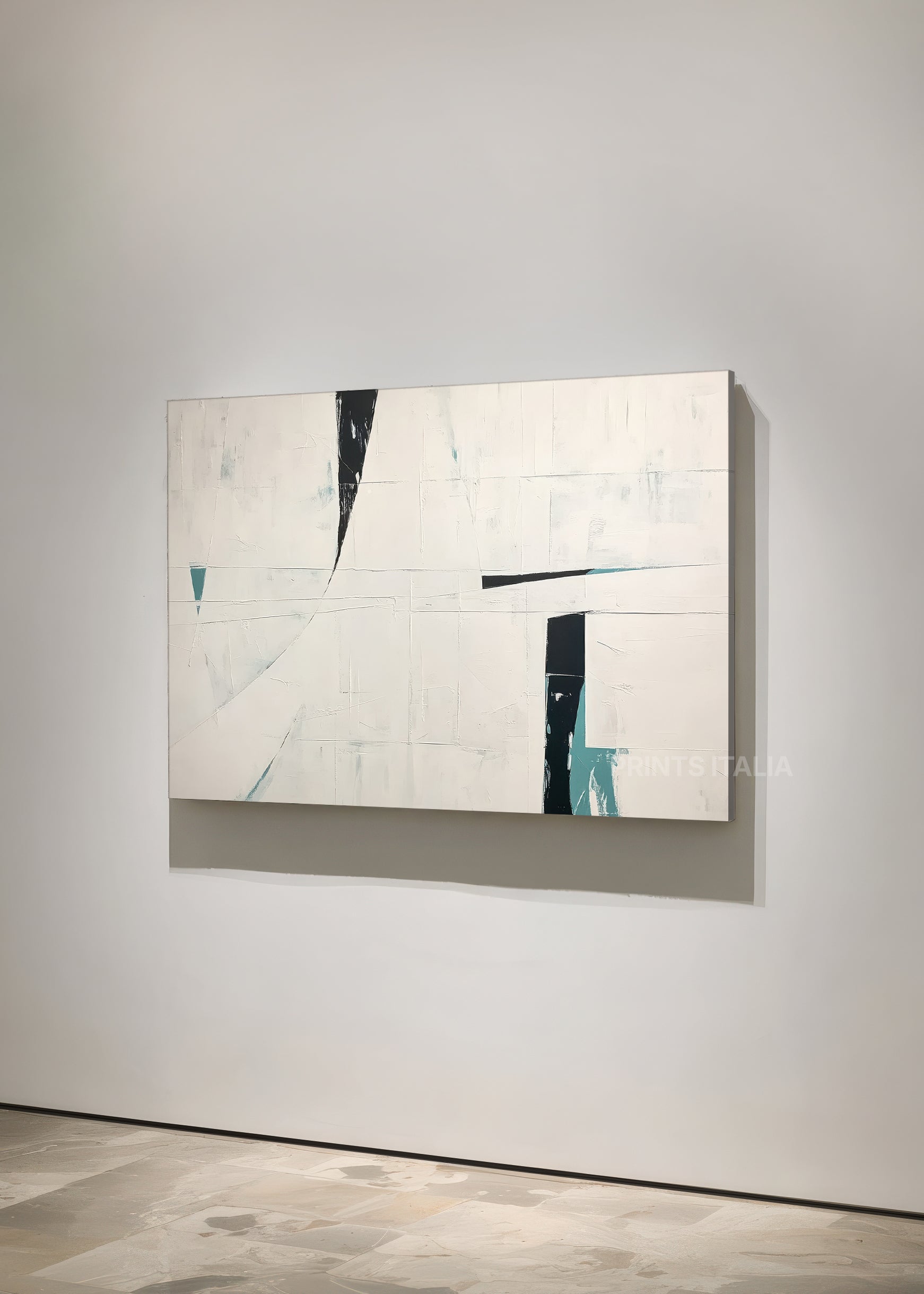 Angled view of AUROTH abstract print – crisp white and teal forms with subtle surface texture