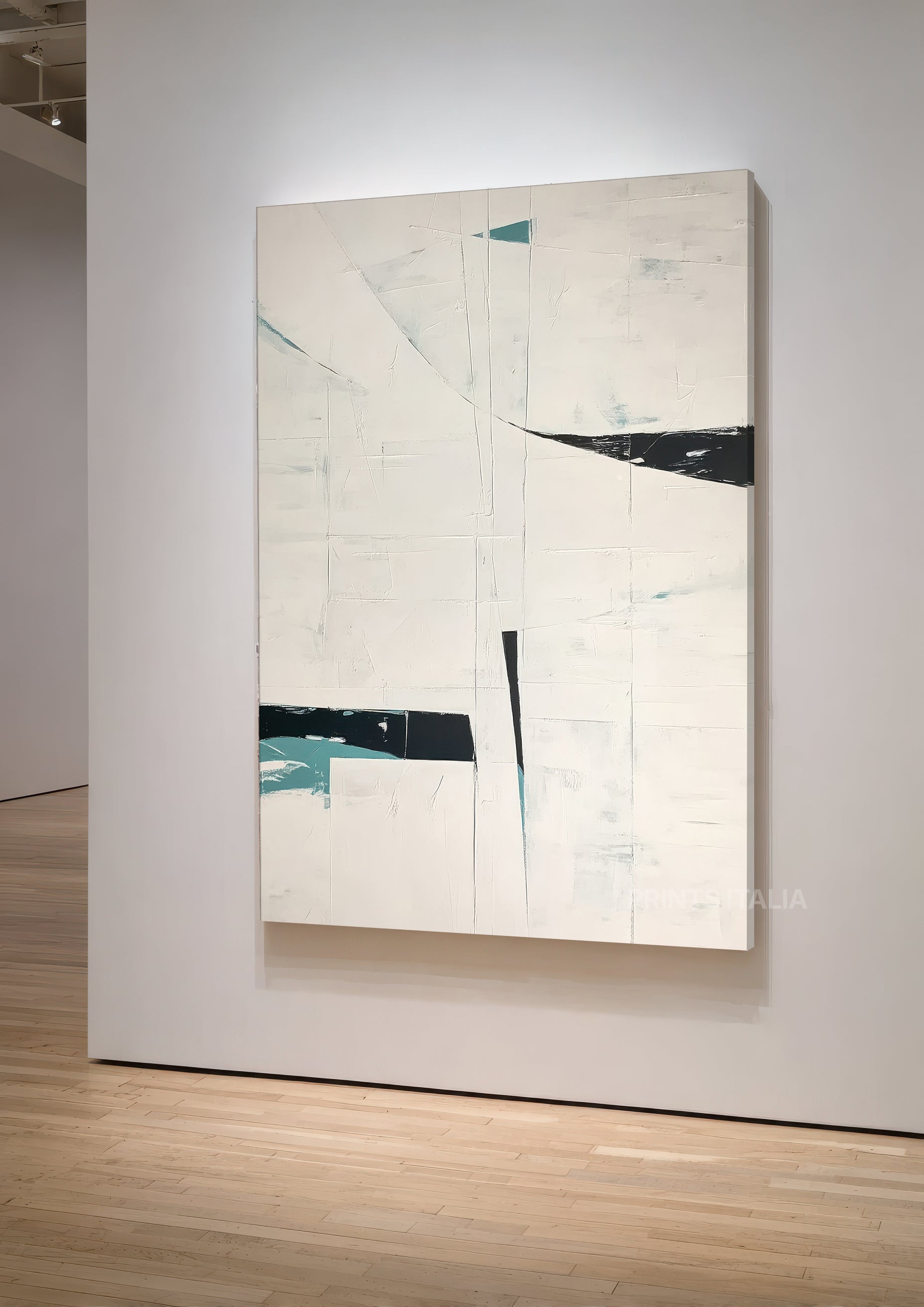 Close-up of AUROTH print showing layered white texture and deep teal geometric lines