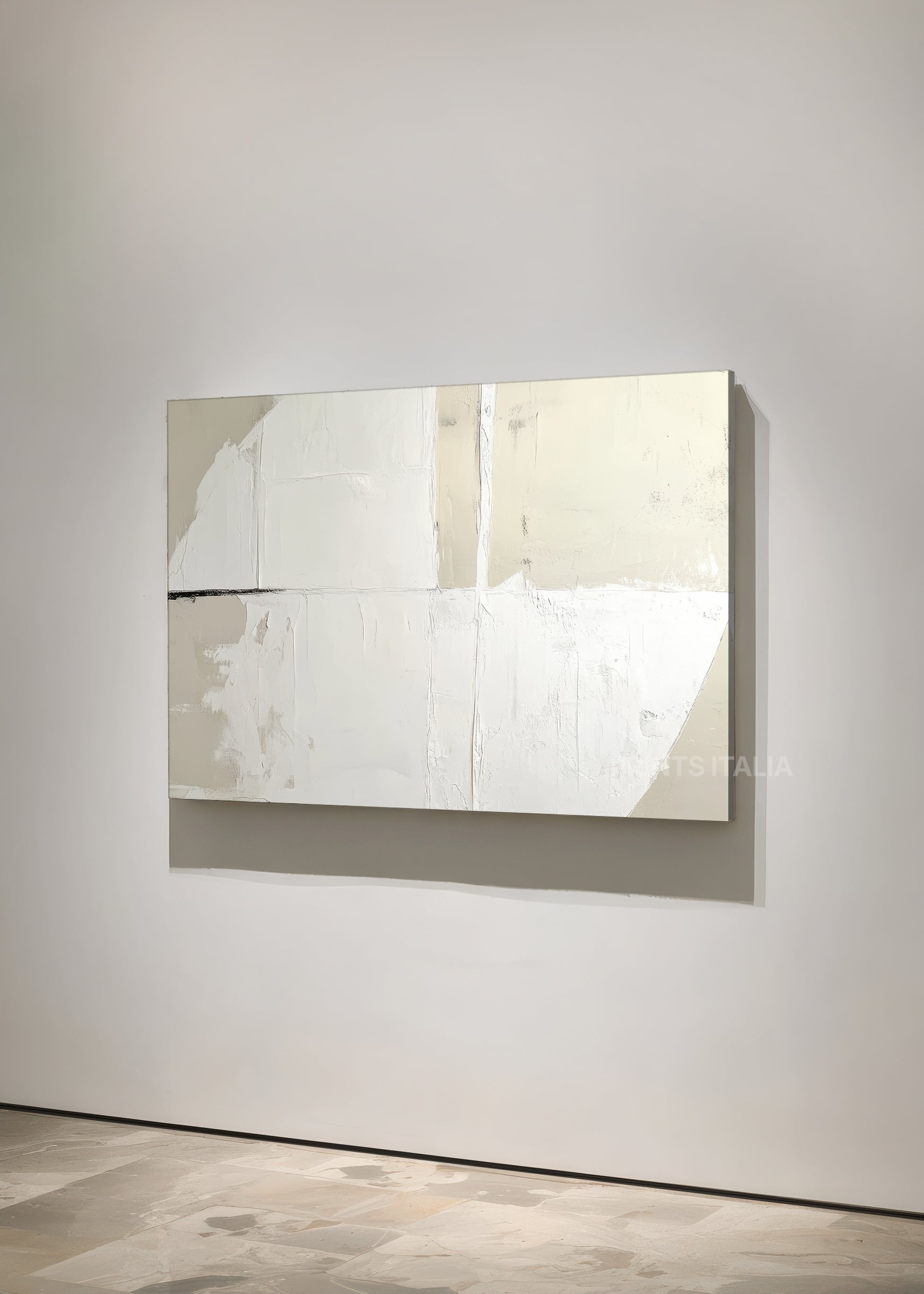 AVAREN print displayed in a contemporary gallery, highlighting its gentle taupe accent and airy white composition