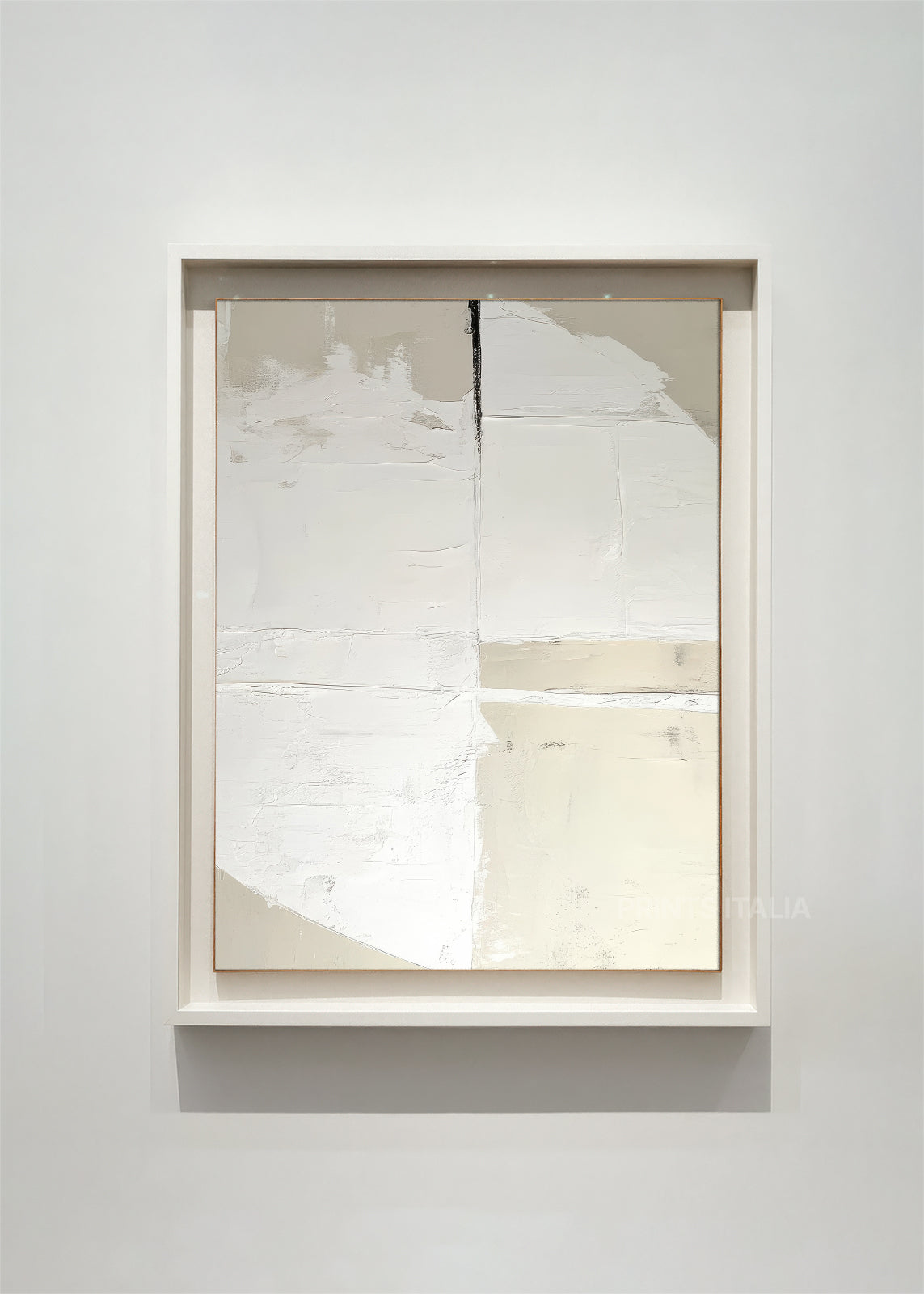 AVAREN abstract art print framed – soft taupe band on textured white background with subtle lines