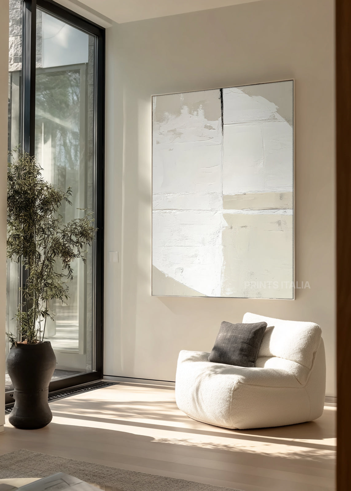 AVAREN abstract print styled in a calm, light-filled space, emphasizing its subtle depth and minimalist palette