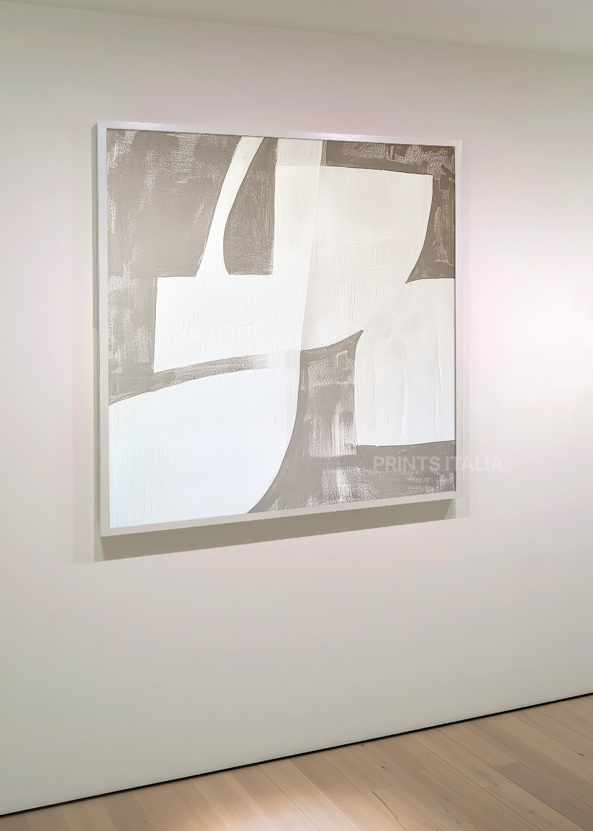 AVENEL print displayed in a contemporary gallery, highlighting its gentle white curves and taupe ground
