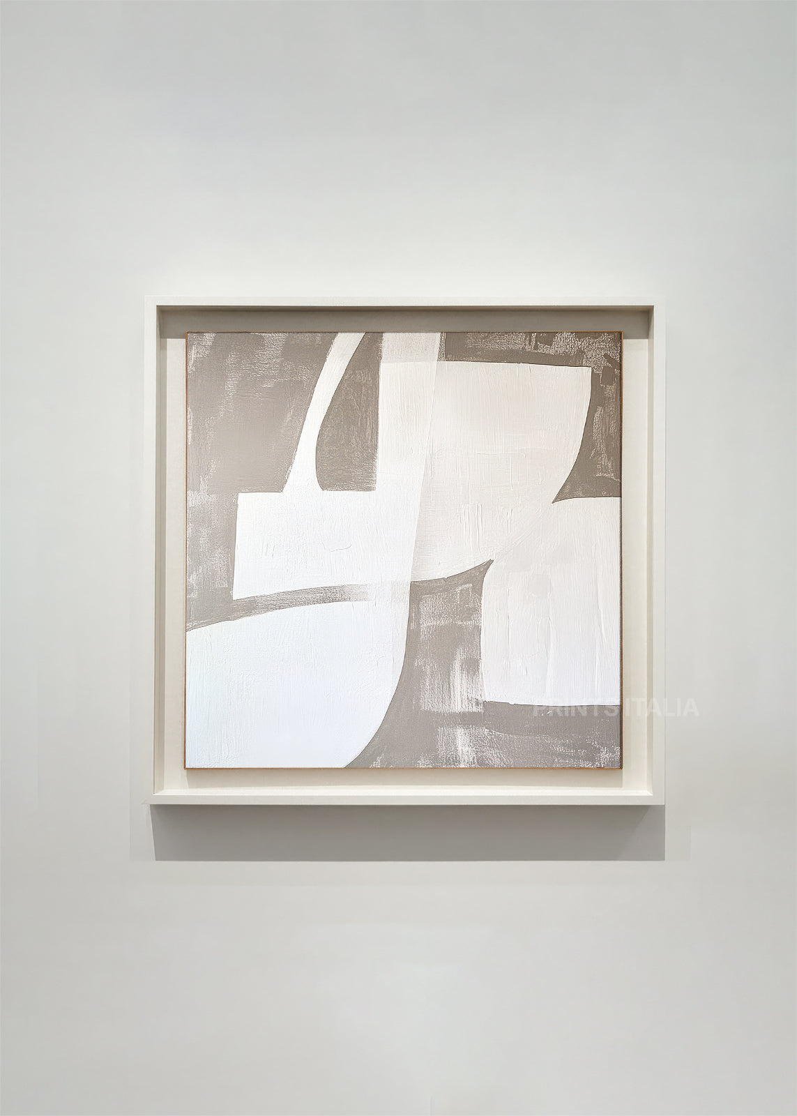 AVENEL abstract art print framed – sweeping white shapes layered over a soft taupe background