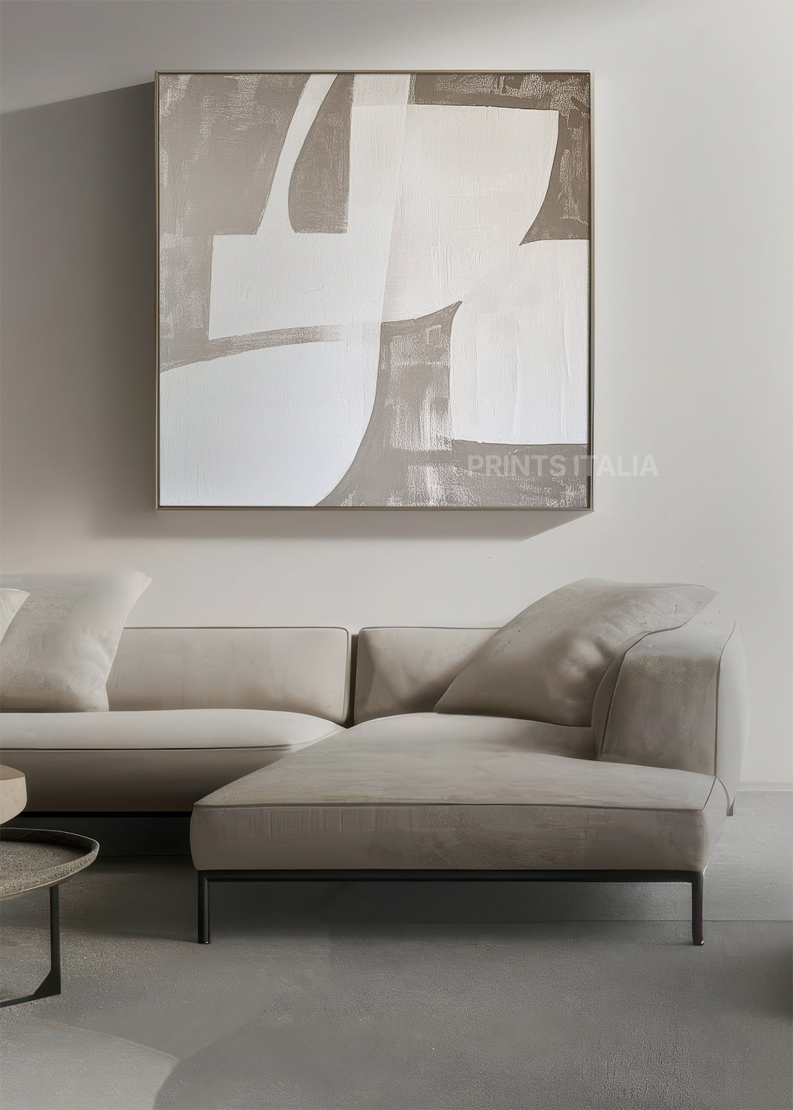AVENEL abstract print styled in a serene, modern space, emphasizing its calm white forms and subtle taupe palette