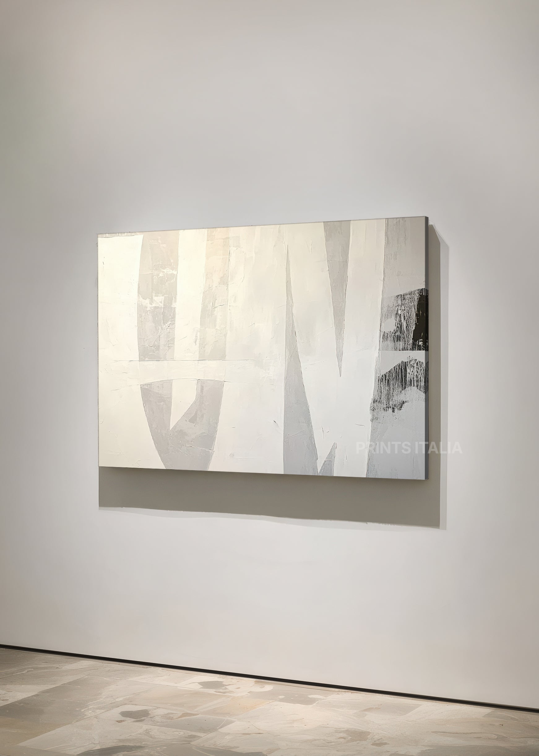 BRAVITH print displayed in a contemporary gallery, highlighting its airy white forms and soft grey harmony