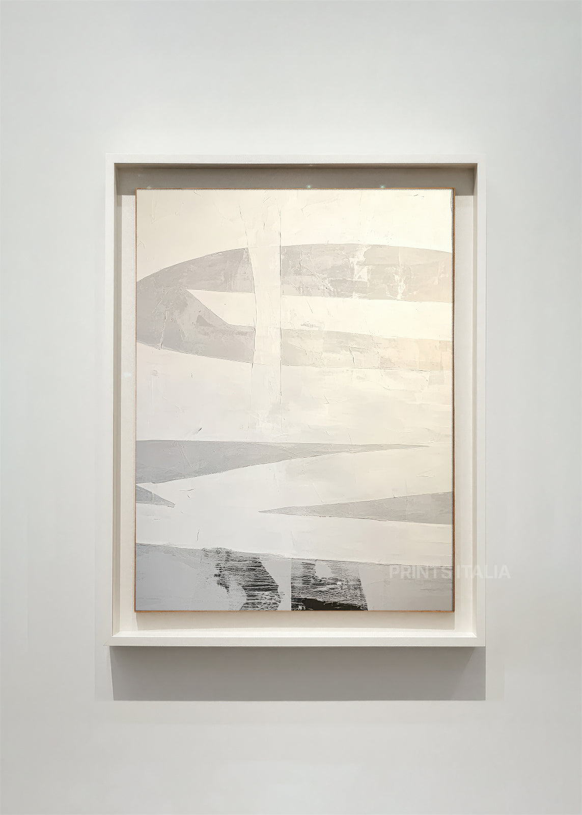 BRAVITH abstract art print framed – layered white planes with subtle grey accents and gentle lines