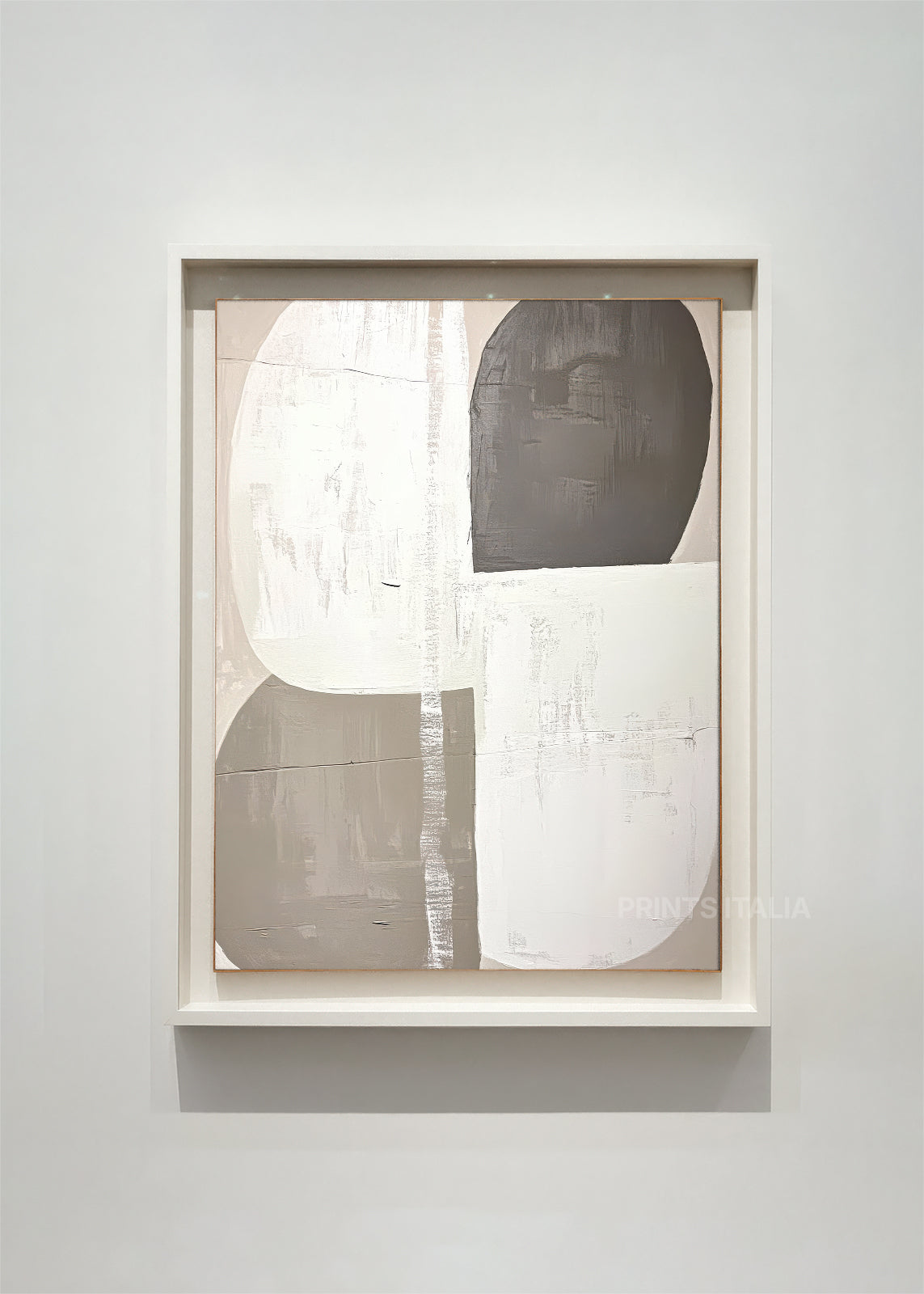 BRUMAE abstract art print framed – organic white and taupe shapes on a charcoal background with subtle blending