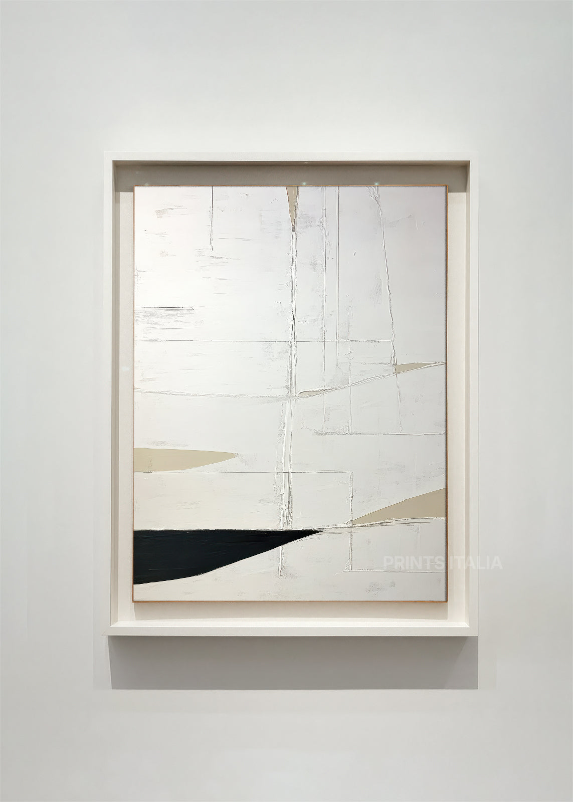CAEDRA abstract art print framed – layered white and sand planes with bold black accent in a minimalist composition