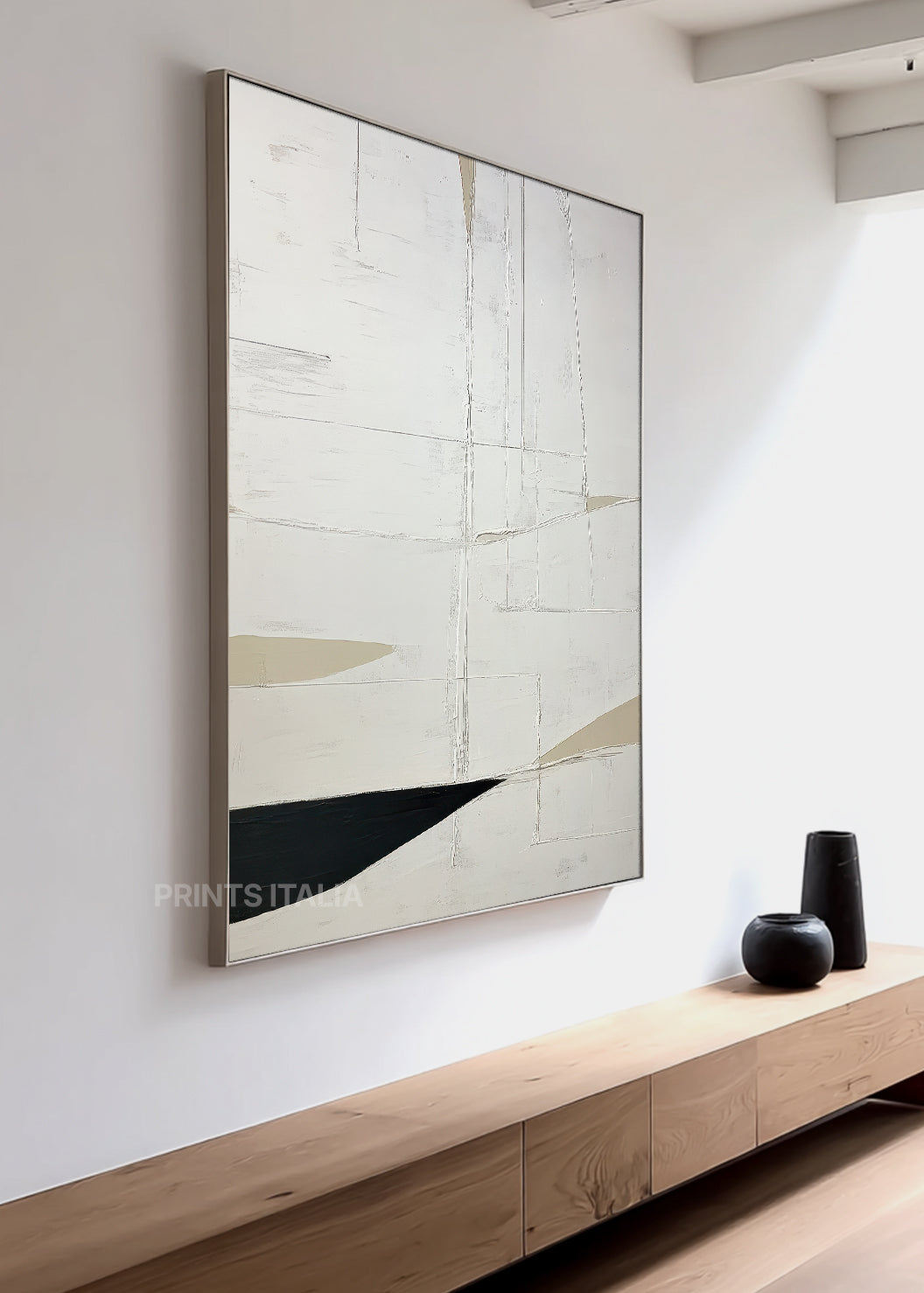CAEDRA print displayed in a contemporary gallery, highlighting its geometric white, sand, and black layers