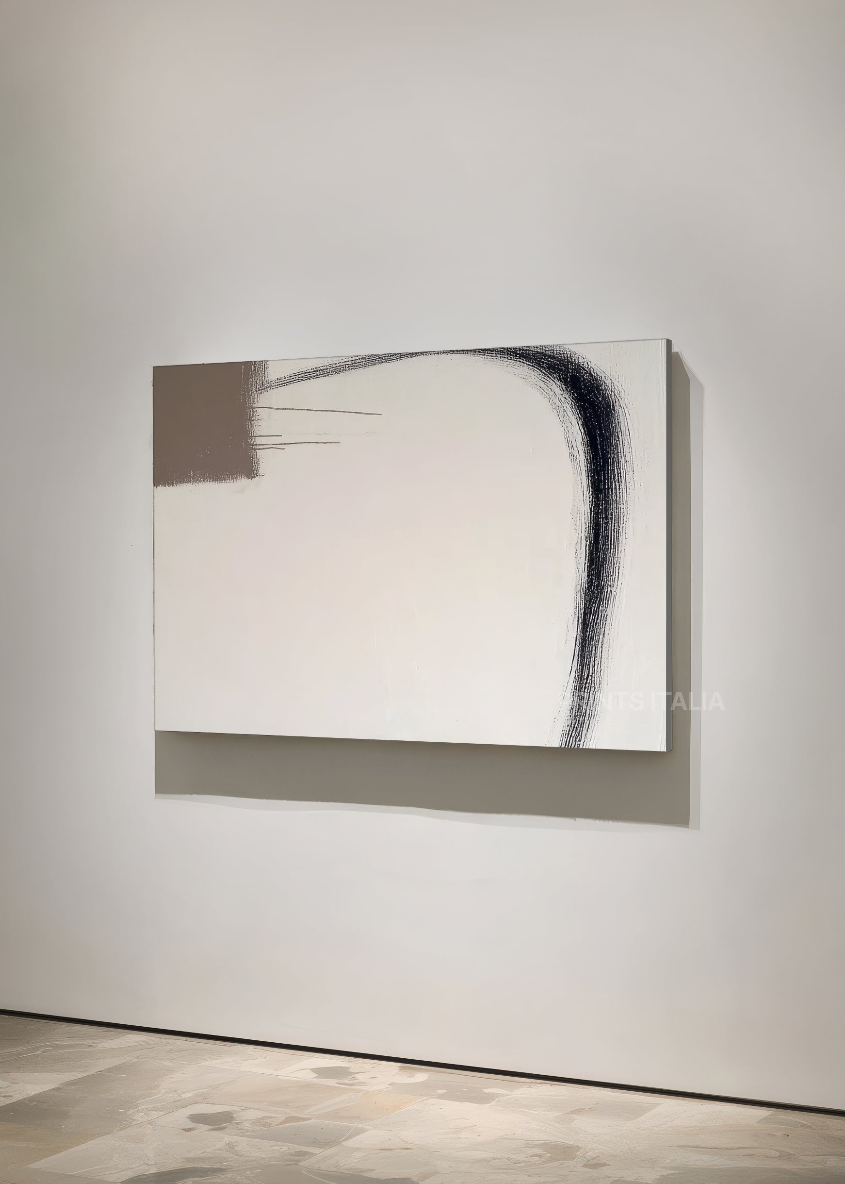 Unframed CAELUN art print featuring minimalist taupe and cream composition, sweeping graphite line, and bold block, leaning against a soft neutral wall