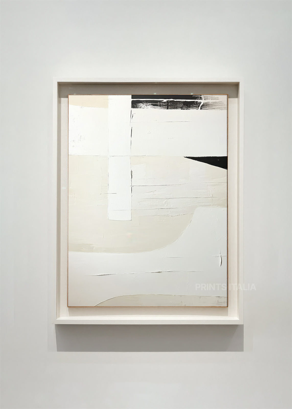 CALDRA abstract art print framed – layered white and cream tones with sharp black accents and soft gradients