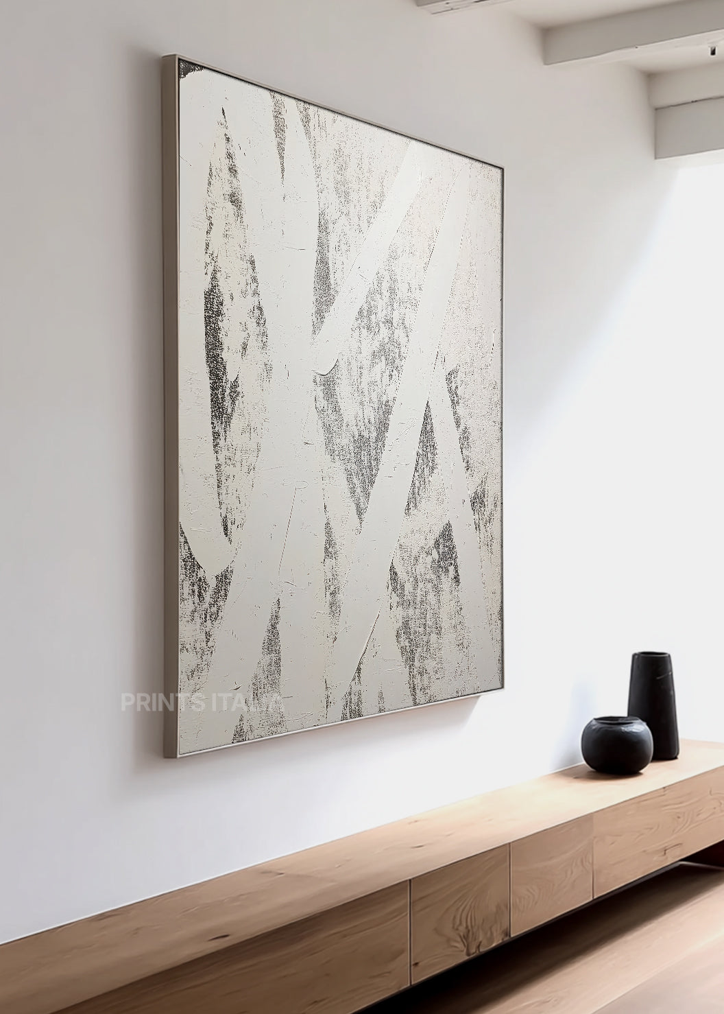 Close-up of CALIVOR print showing layered white texture, sweeping slate arcs, and soft tonal gradients