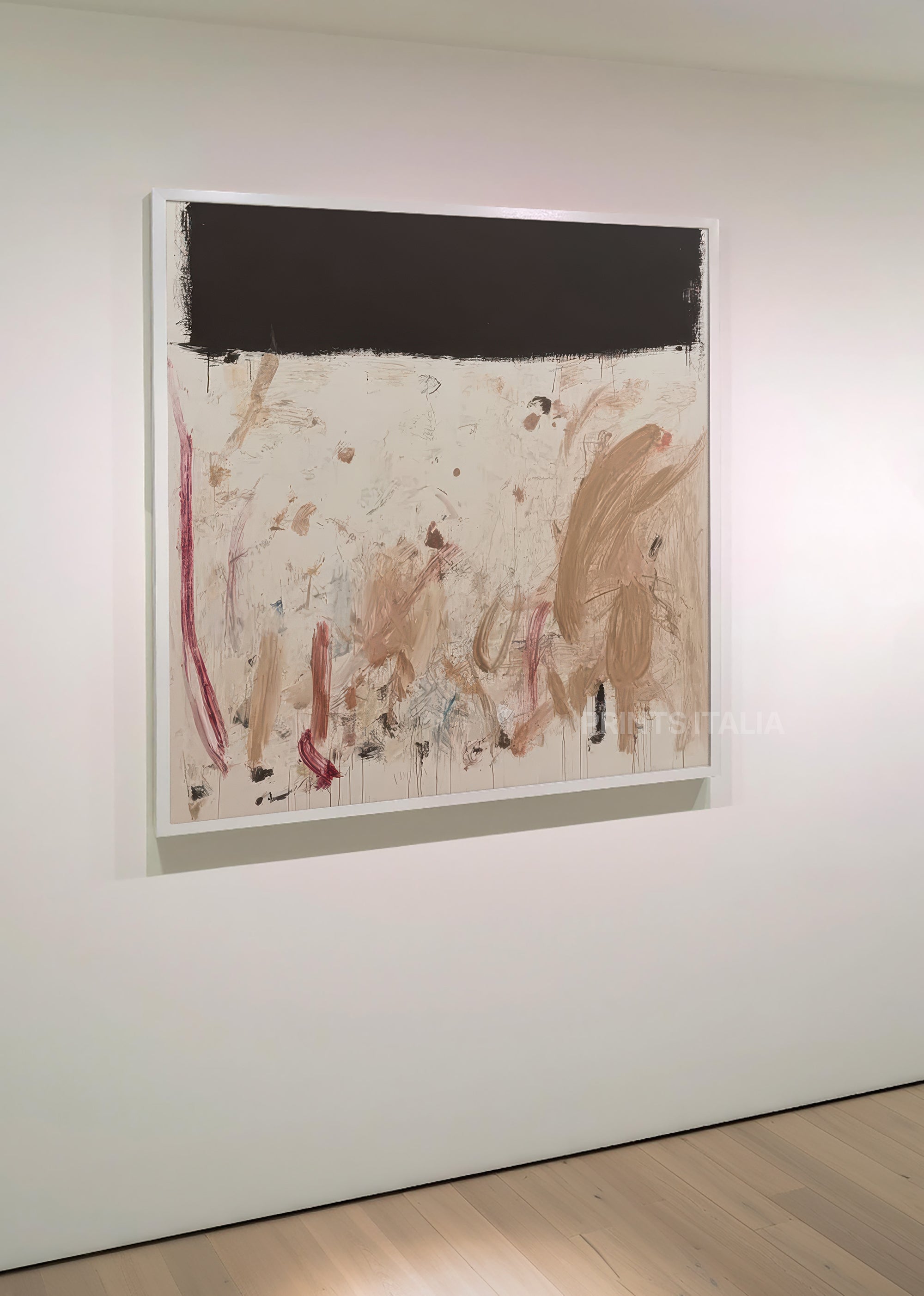 CALVEN print displayed in a contemporary gallery, highlighting its dramatic black band and lively, warm brushwork