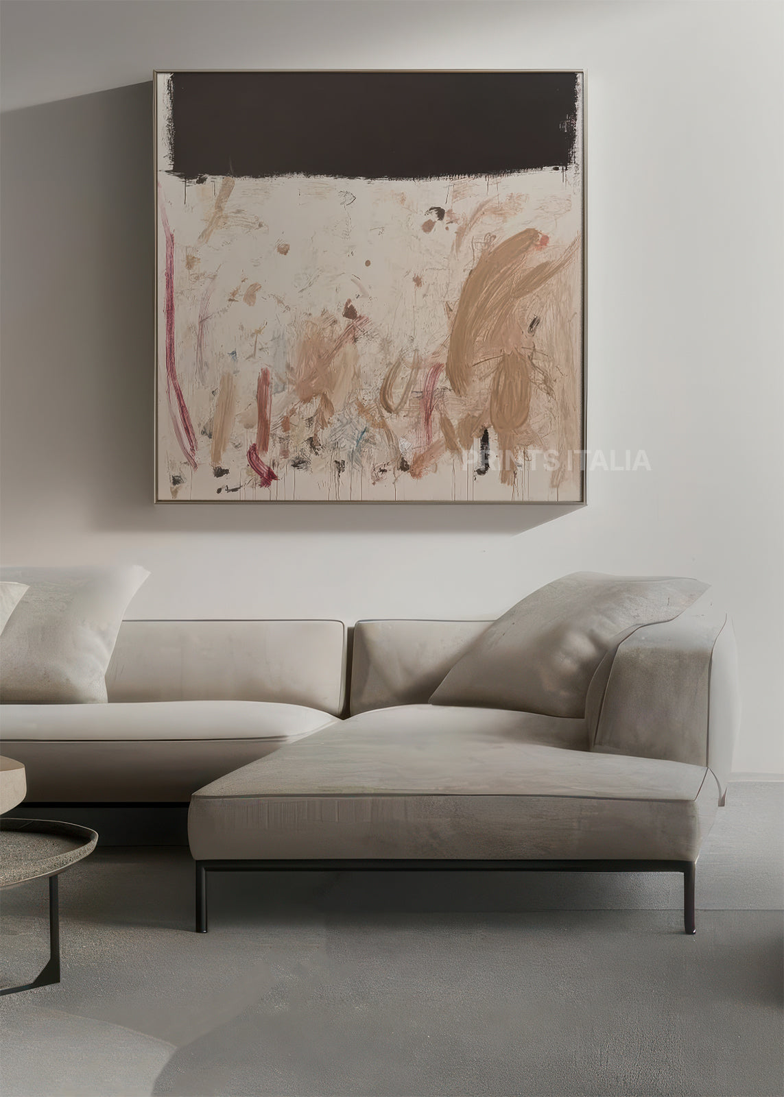 CALVEN abstract print styled in a minimalist living space, emphasizing its bold contrast and soft, expressive marks