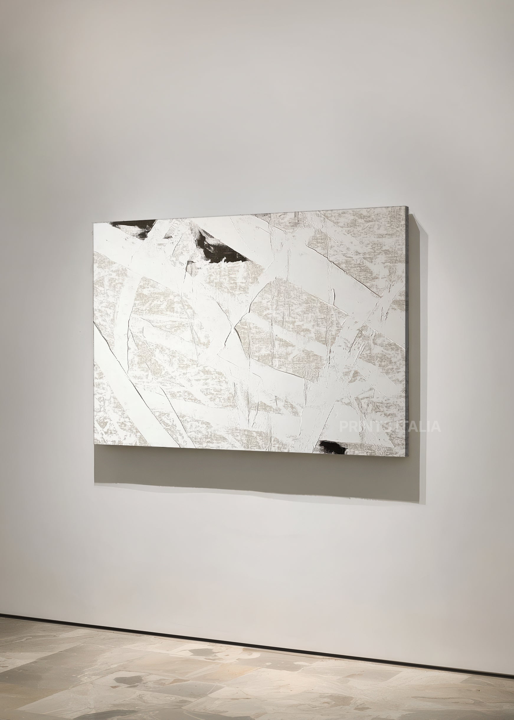 CALVIAT print displayed in a contemporary gallery, highlighting its dynamic black sweeps and minimalist white composition