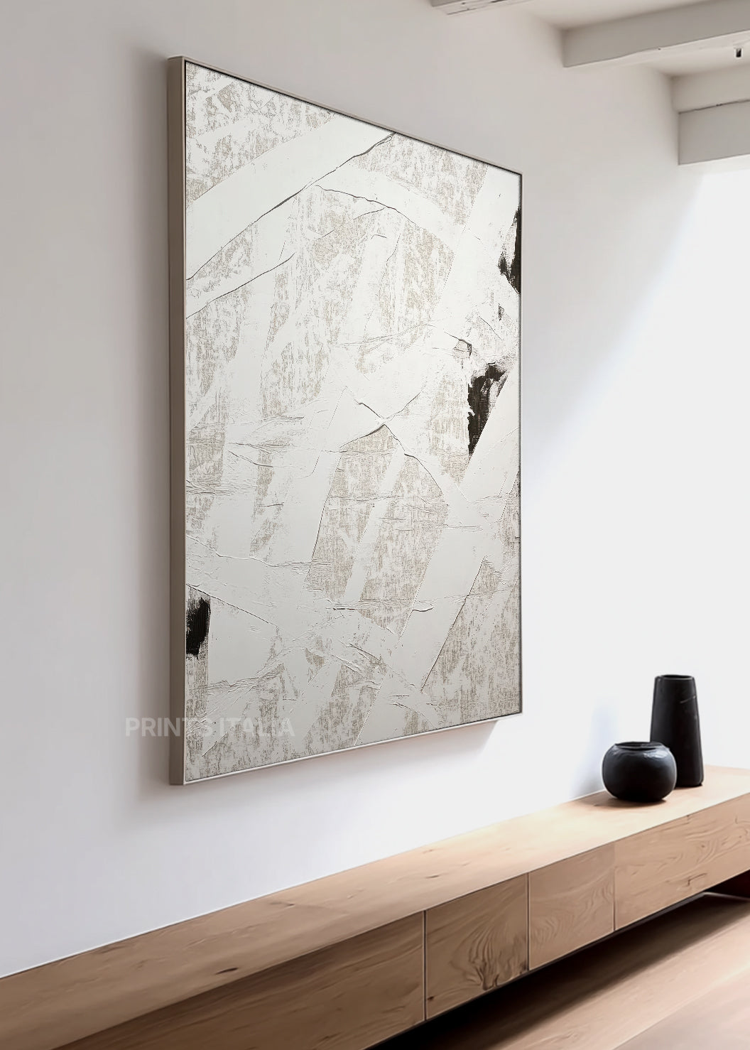 CALVIAT abstract print styled in a serene, modern space, emphasizing its quiet intensity and textural depth
