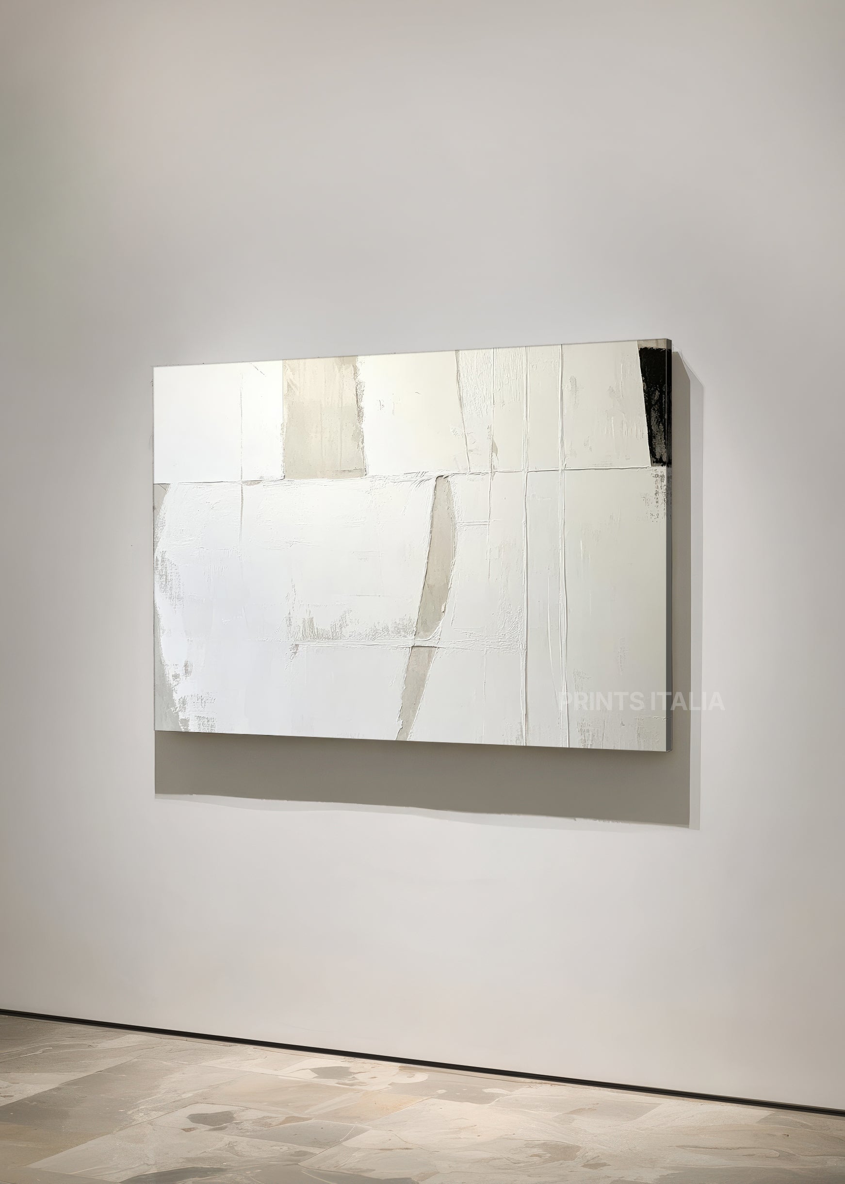 CIRELLE print displayed in a contemporary gallery, highlighting its serene white and sand composition and delicate texture