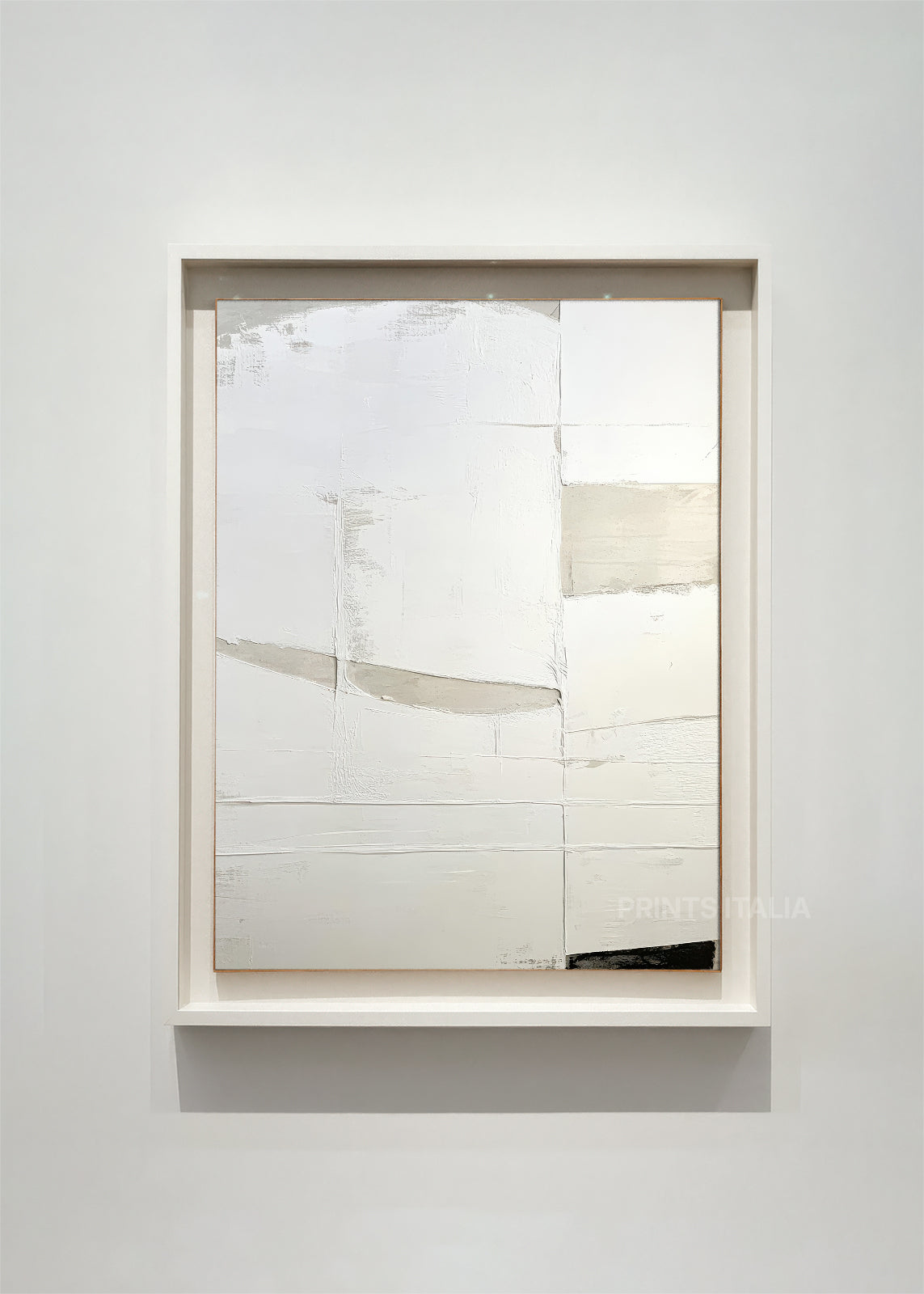 CIRELLE abstract art print framed – overlapping vertical planes in white and pale sand with gentle textural lines