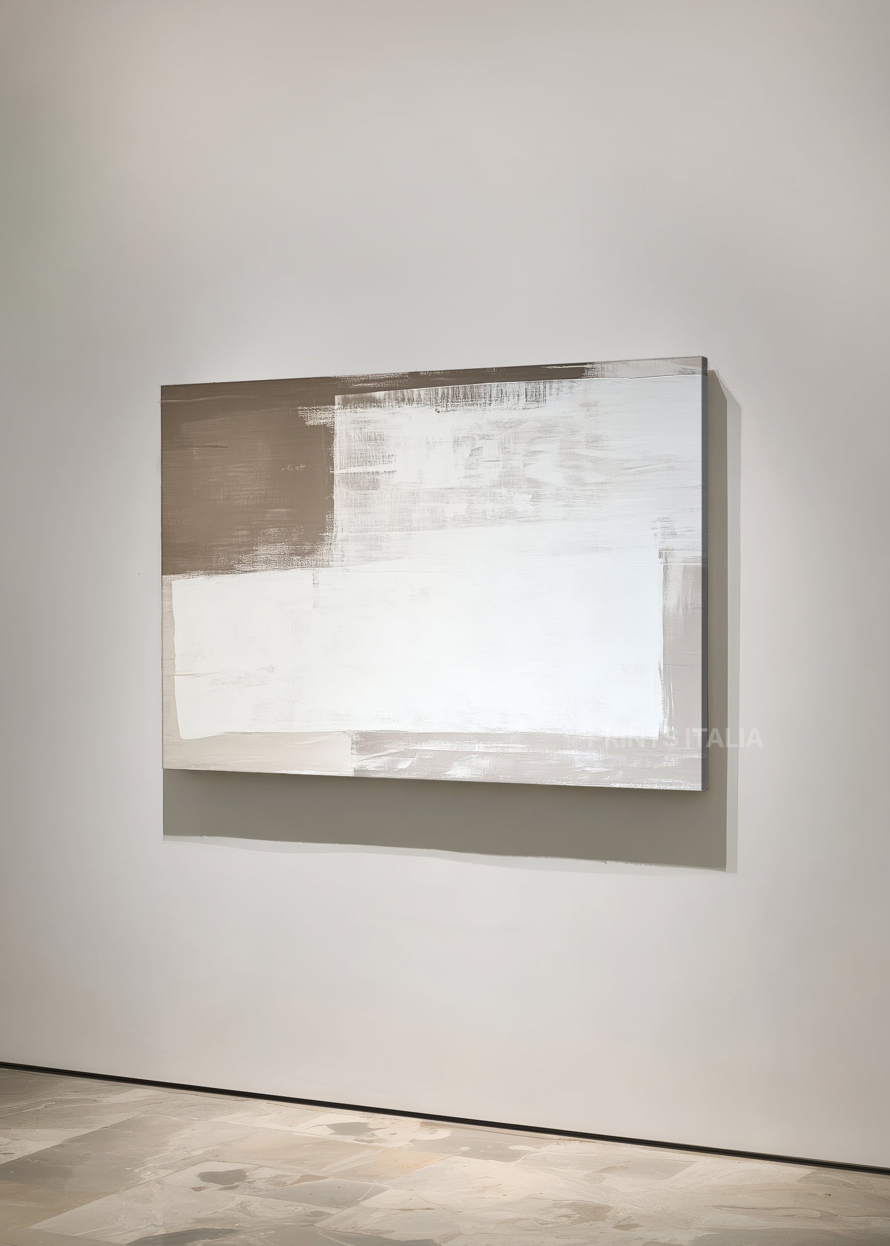 Angled view of CORDA abstract print – rustic modern composition with weathered taupe and white textured layers