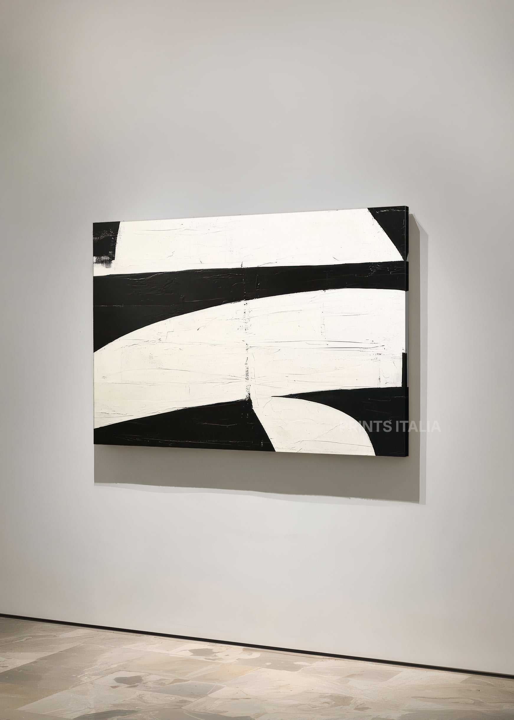 DELURAE print displayed in a contemporary gallery, highlighting its rhythmic arcs and crisp monochrome palette