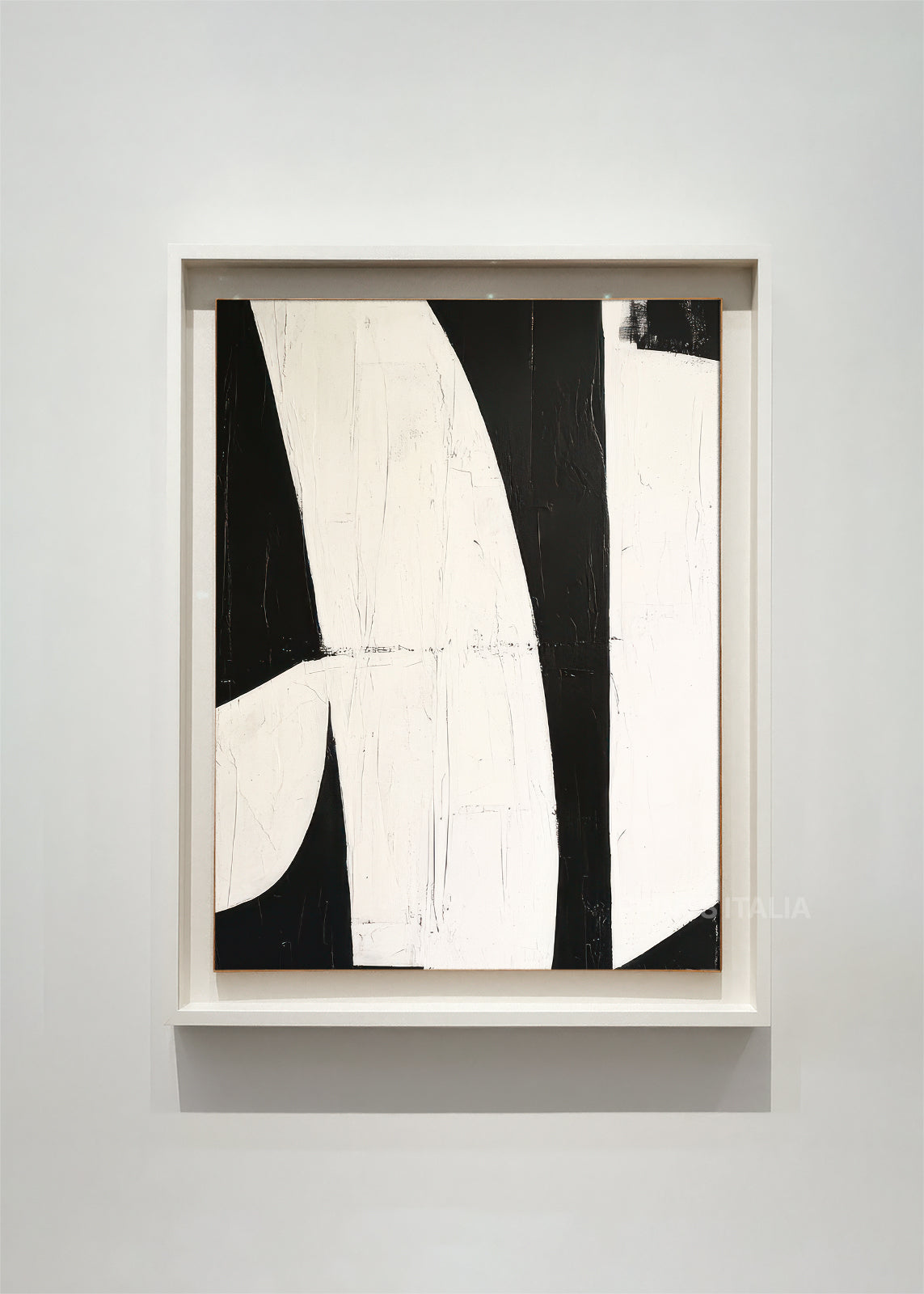 DELURAE abstract art print framed – bold black and white geometric arcs with strong vertical lines