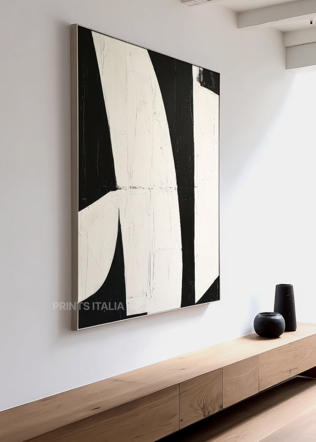 DELURAE abstract print styled in a calm, modern space, emphasizing its bold contrasts and tranquil rhythm