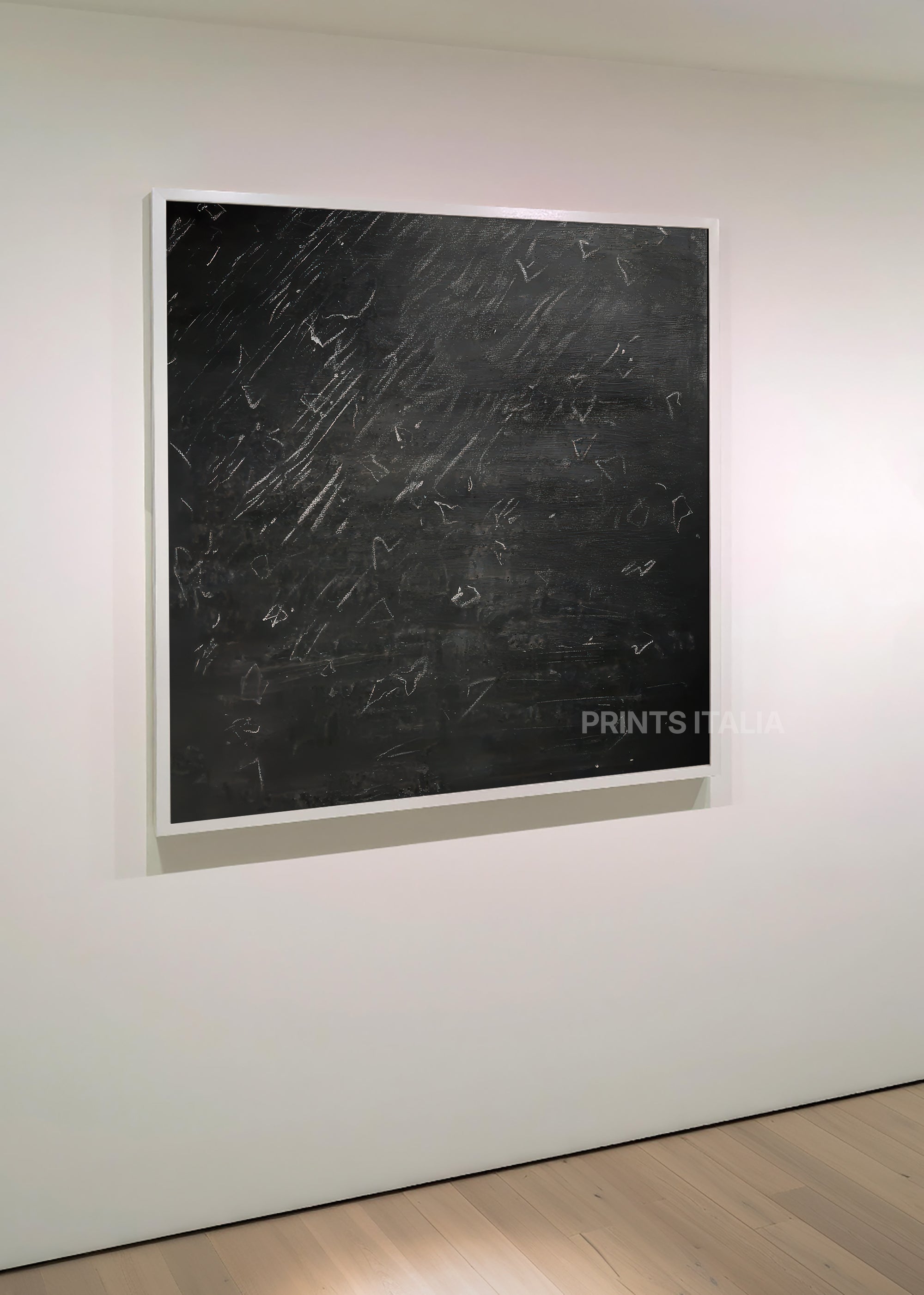 Black textured abstract print mounted on wall showing dramatic dark composition - Prints Italia