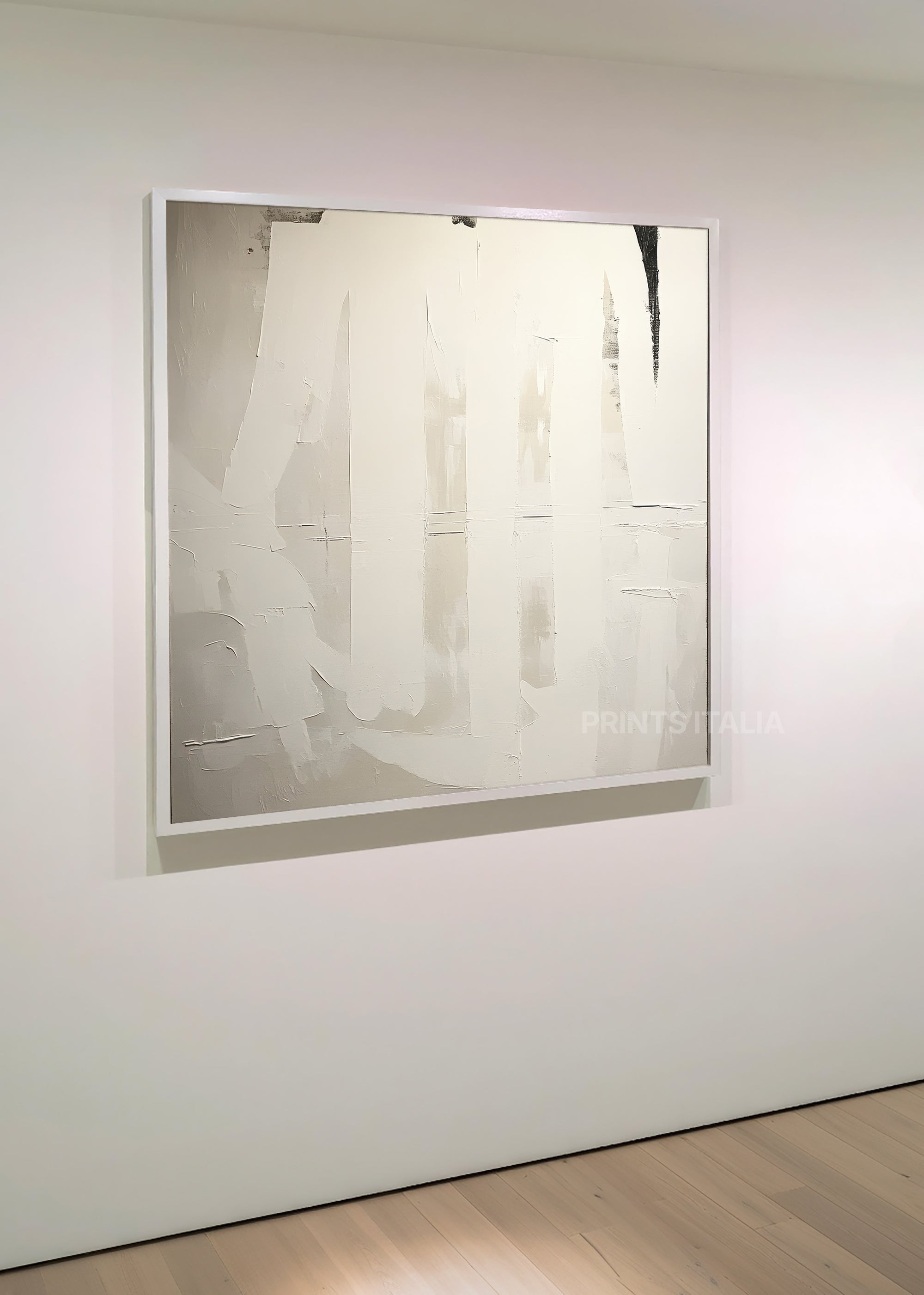 DORETH print displayed in a minimalist gallery, highlighting its airy white and grey composition and delicate texture