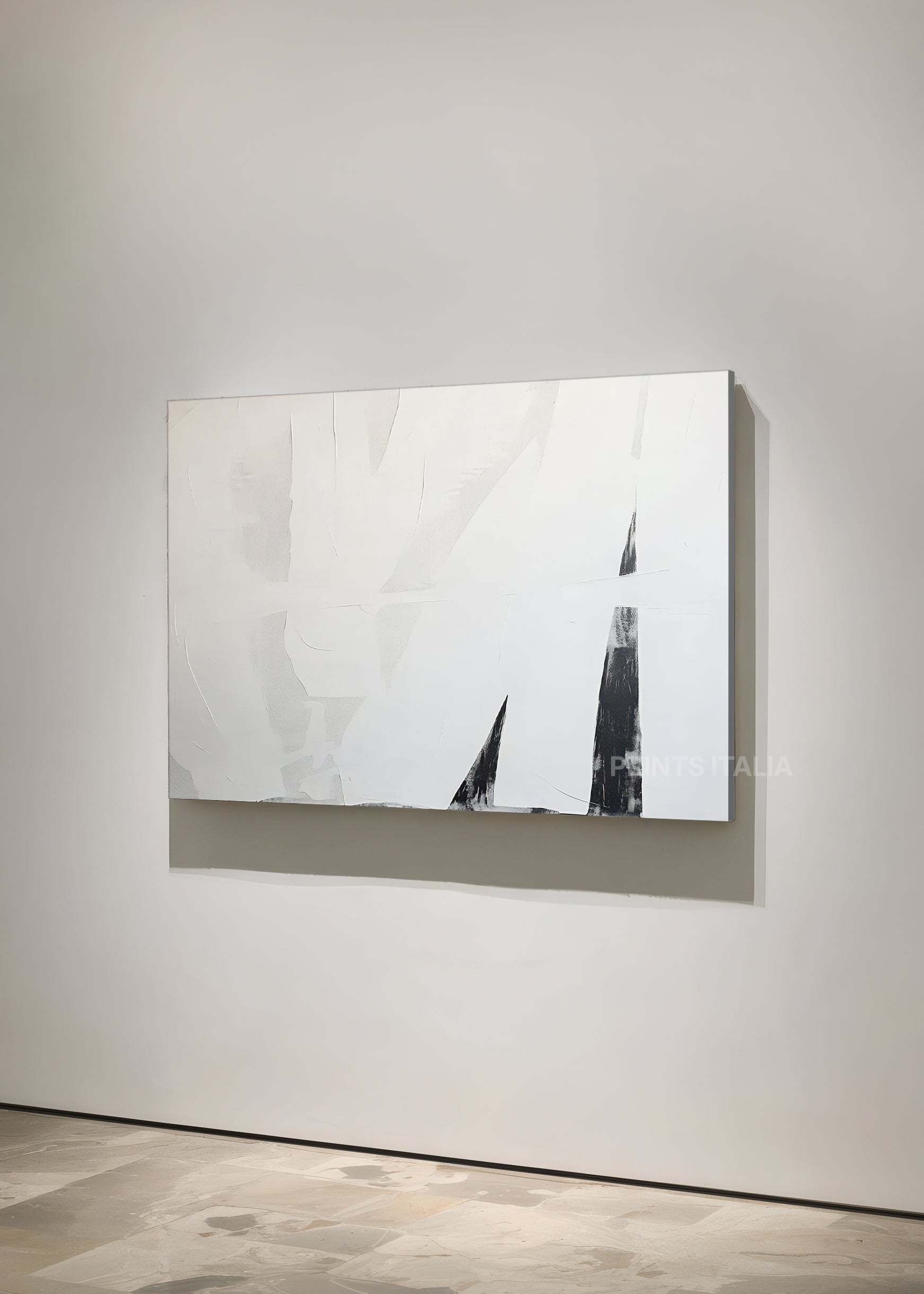 DROMAE print displayed in a contemporary gallery, highlighting its dynamic black swoops and minimalist white field