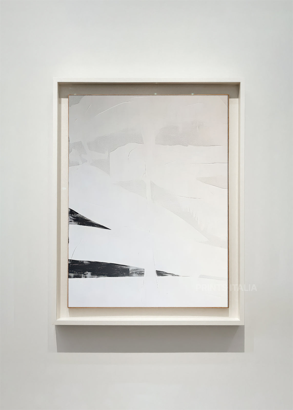 DROMAE abstract art print framed – sweeping slate-black gestures over layered white background