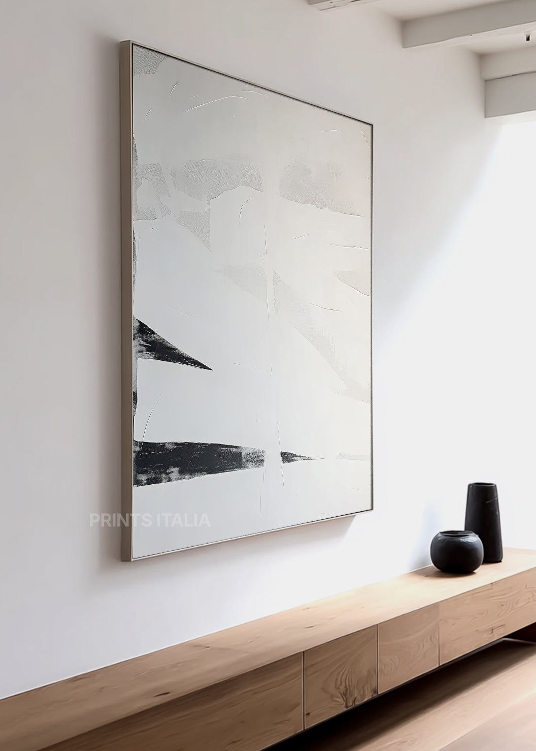 DROMAE abstract print styled in a calm, light-filled space, emphasizing its bold contrast and airy composition