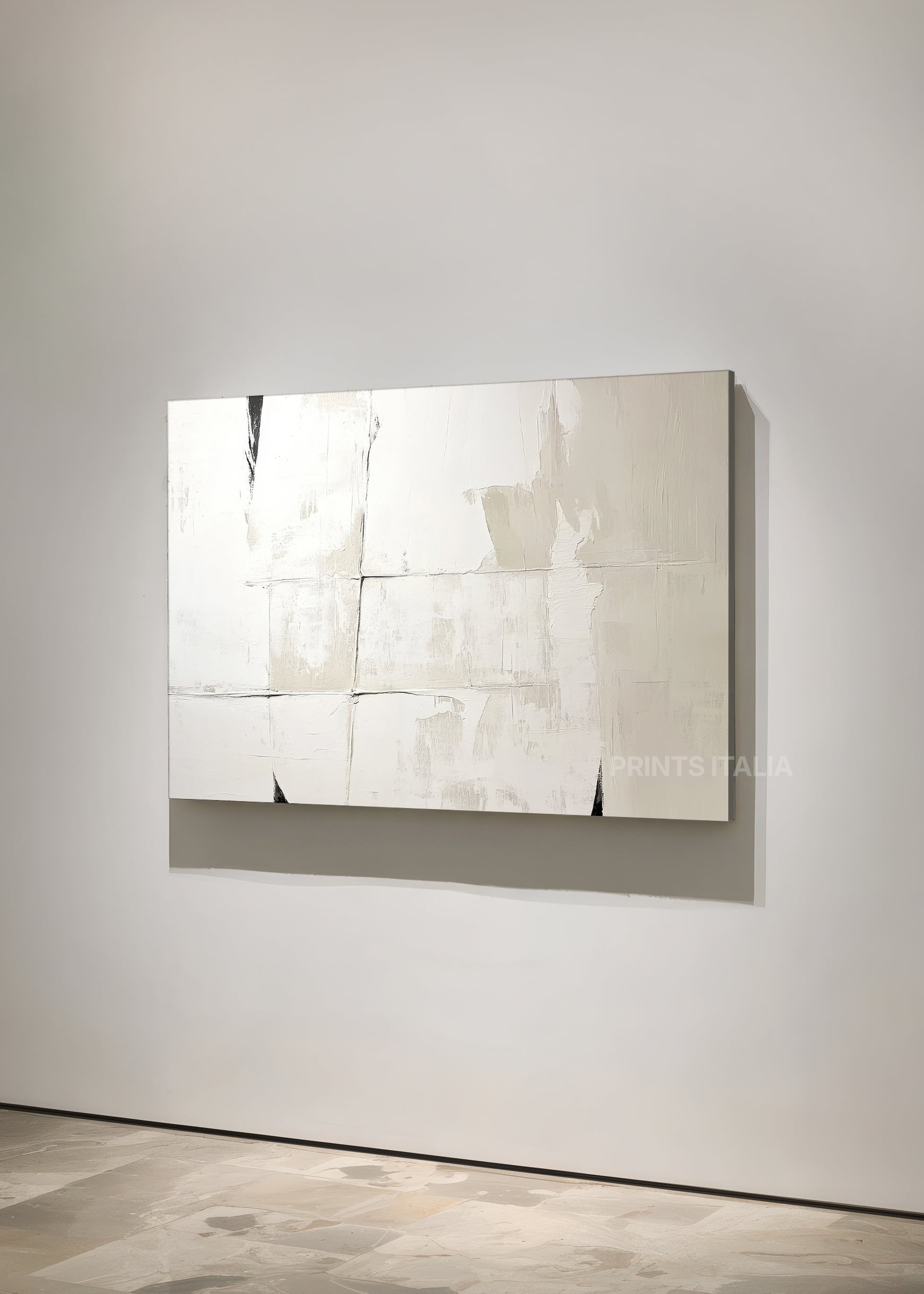 DROVIA print displayed in a contemporary gallery, highlighting its airy ivory field and gentle black accents